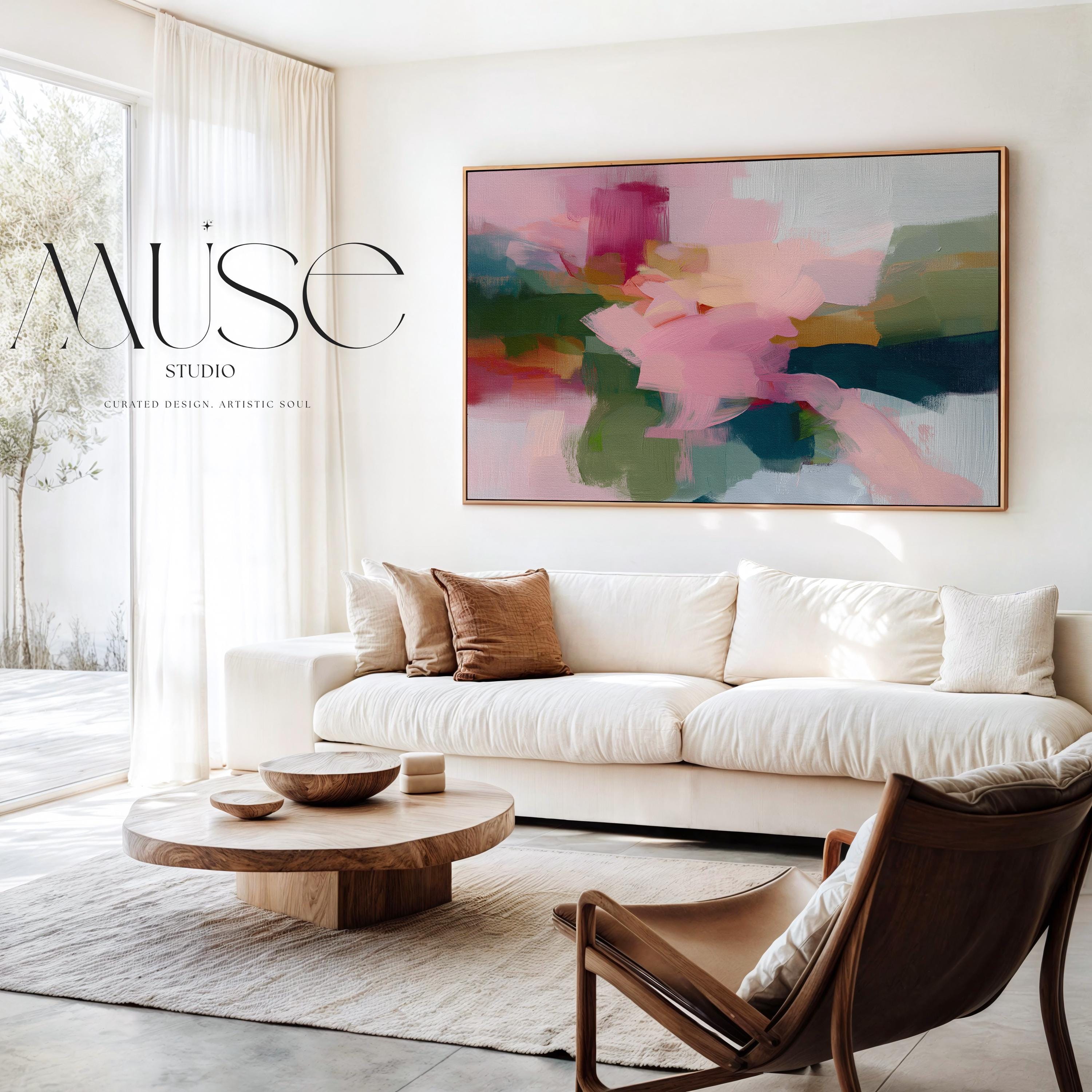 Blush and evergreen abstract artwork by Muse Studio & Co. printed as a museum-quality giclée framed canvas with a natural wood floating frame, custom produced in large statement sizes for organic transitional and modern cottage interiors.