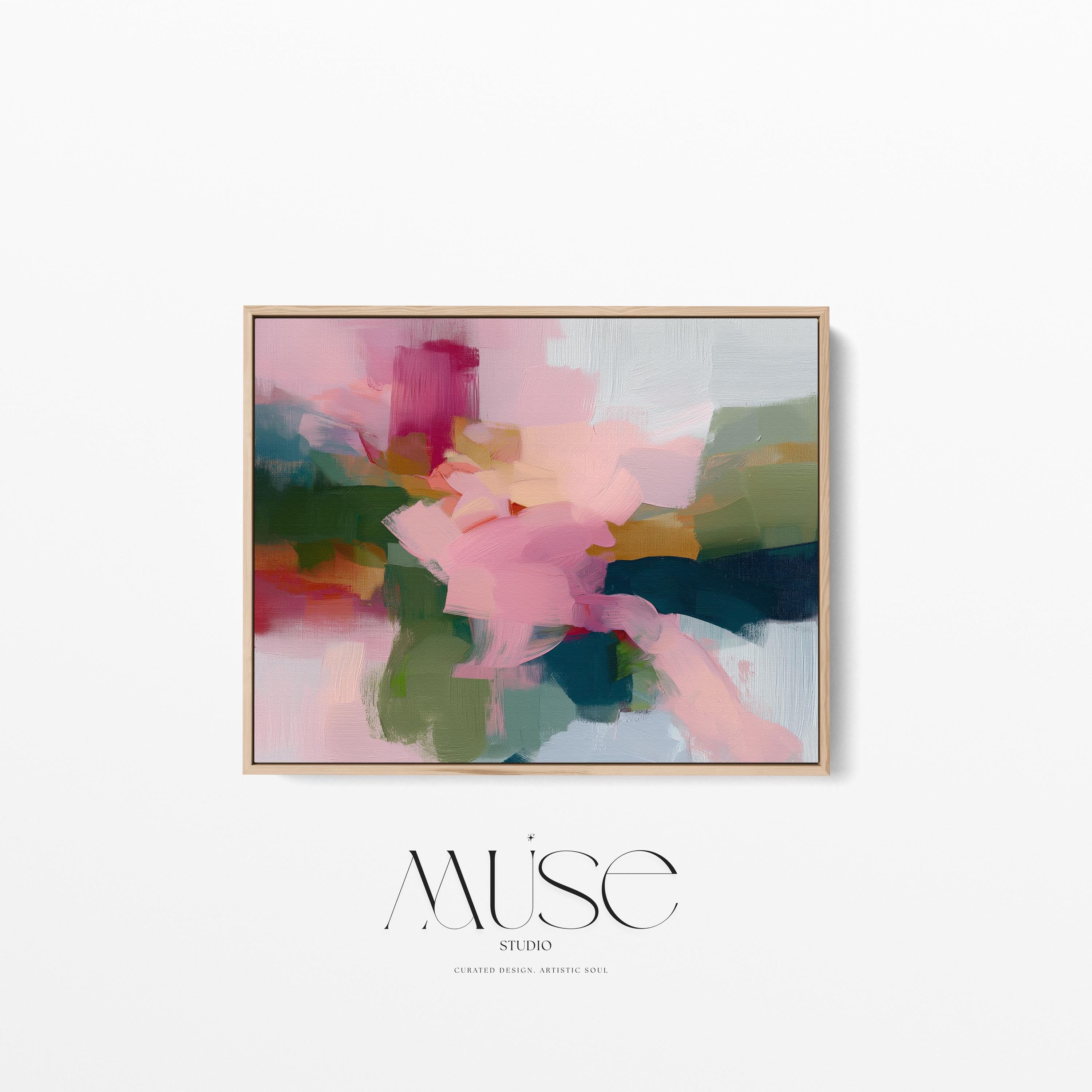 Blush and evergreen abstract artwork by Muse Studio & Co. printed as a museum-quality giclée framed canvas with a natural wood floating frame, custom produced in large statement sizes for organic transitional and modern cottage interiors.