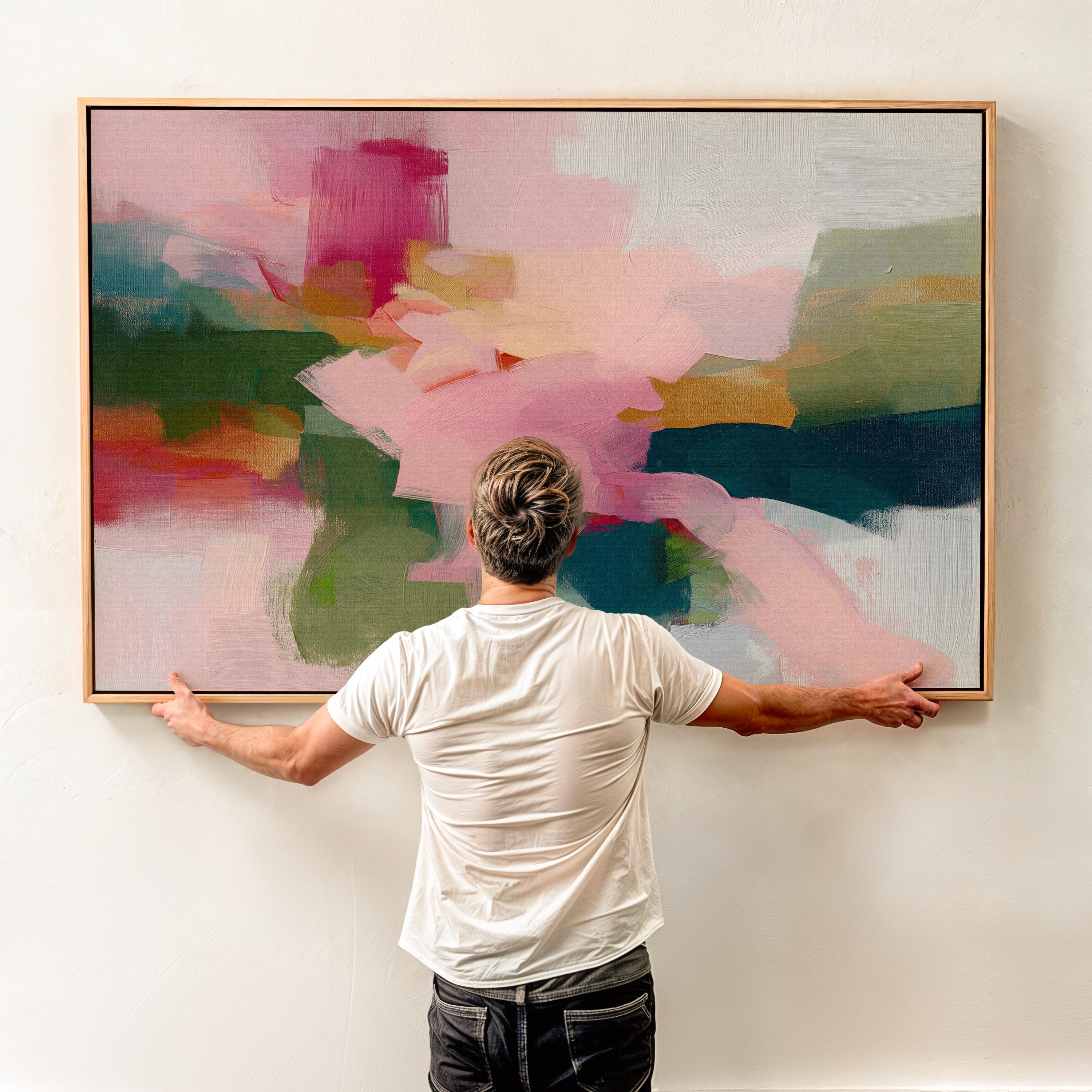 Blush and evergreen abstract artwork by Muse Studio & Co. printed as a museum-quality giclée framed canvas with a natural wood floating frame, custom produced in large statement sizes for organic transitional and modern cottage interiors.