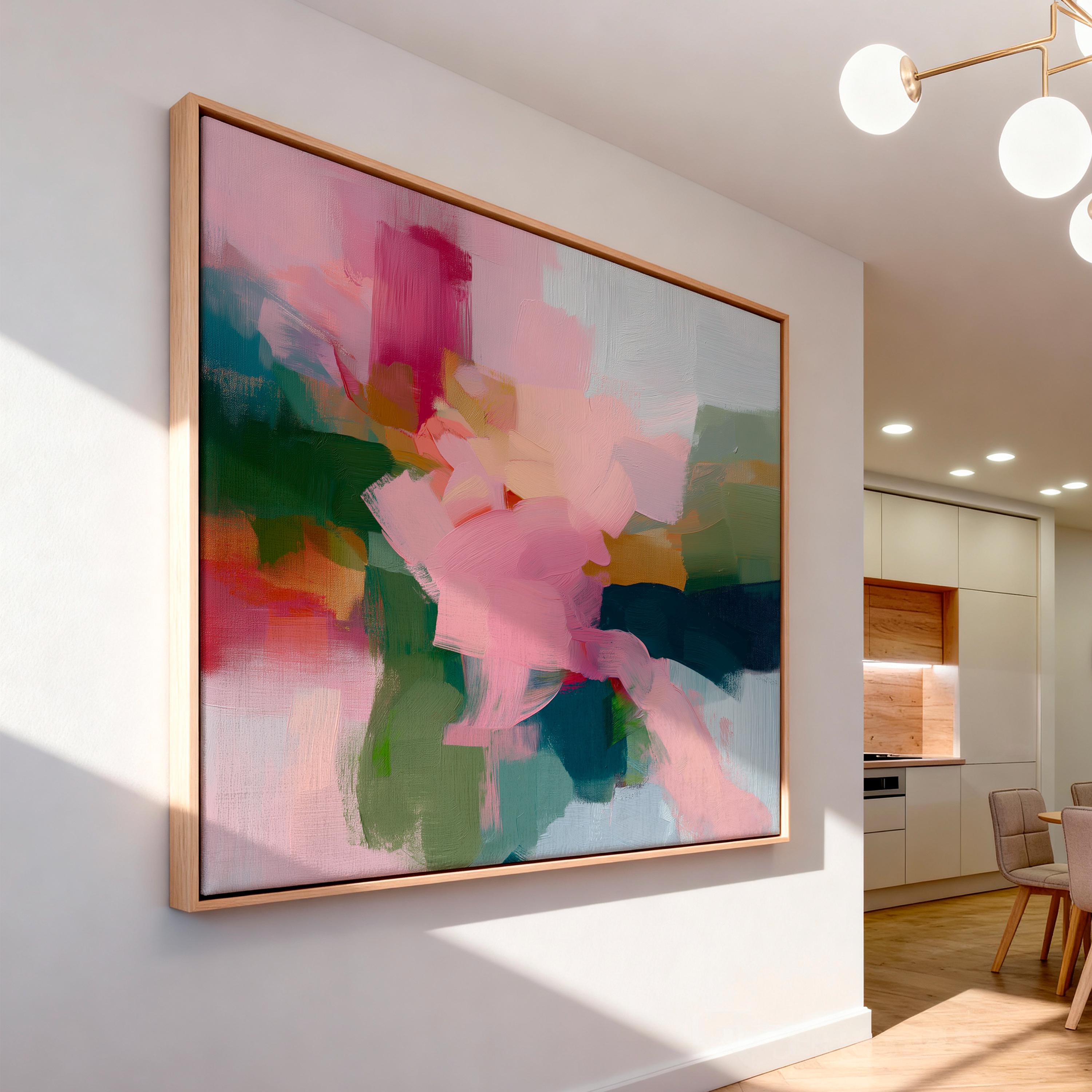 Blush and evergreen abstract artwork by Muse Studio & Co. printed as a museum-quality giclée framed canvas with a natural wood floating frame, custom produced in large statement sizes for organic transitional and modern cottage interiors.