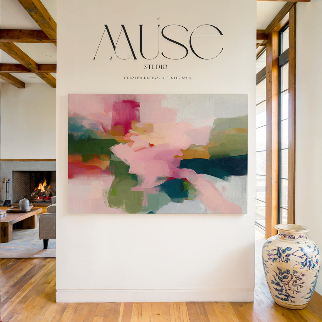 Blush and evergreen abstract artwork by Muse Studio & Co. printed with archival giclée inks on gallery-wrapped canvas, custom produced in large wall art sizes suited for organic transitional and modern cottage interiors.