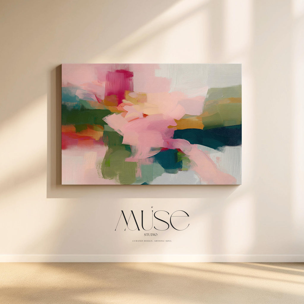 Blush and evergreen abstract artwork by Muse Studio & Co. printed with archival giclée inks on gallery-wrapped canvas, custom produced in large wall art sizes suited for organic transitional and modern cottage interiors.