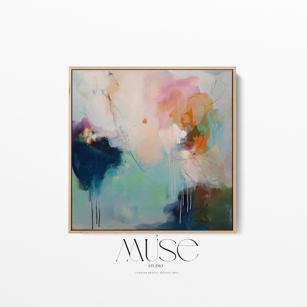 "Abstract coastal painting titled Coastal Interlude No. 1032, featuring soft pastel layers of sea glass green, muted aqua, and blush pink in a contemporary, painterly style." Sea glass blue and blush abstract artwork by Muse Studio & Co. printed as a museum-quality giclée framed canvas with a natural wood floating frame, custom produced in large statement sizes for soft contemporary and coastal neutral interiors.