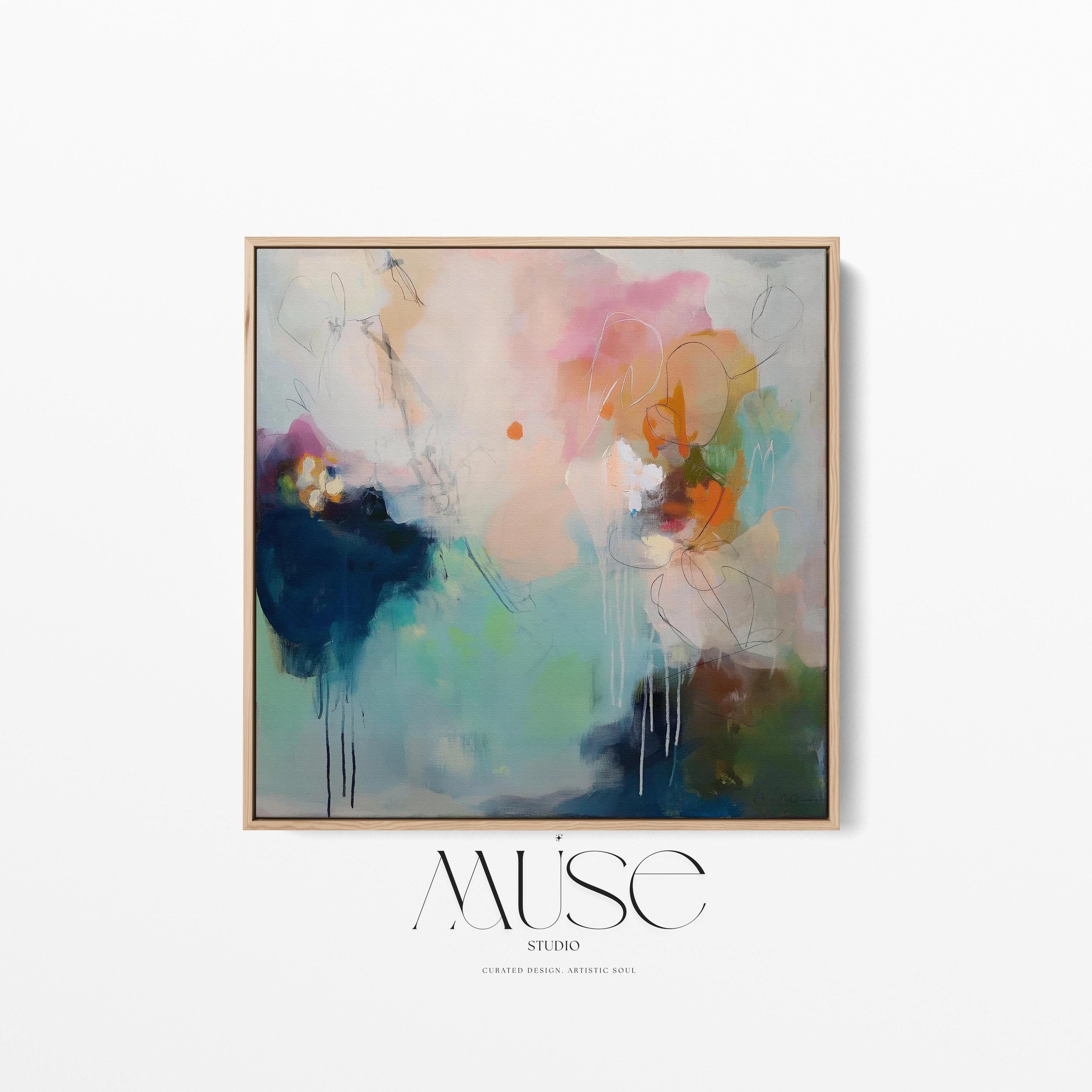 "Abstract coastal painting titled Coastal Interlude No. 1032, featuring soft pastel layers of sea glass green, muted aqua, and blush pink in a contemporary, painterly style." Sea glass blue and blush abstract artwork by Muse Studio & Co. printed as a museum-quality giclée framed canvas with a natural wood floating frame, custom produced in large statement sizes for soft contemporary and coastal neutral interiors.