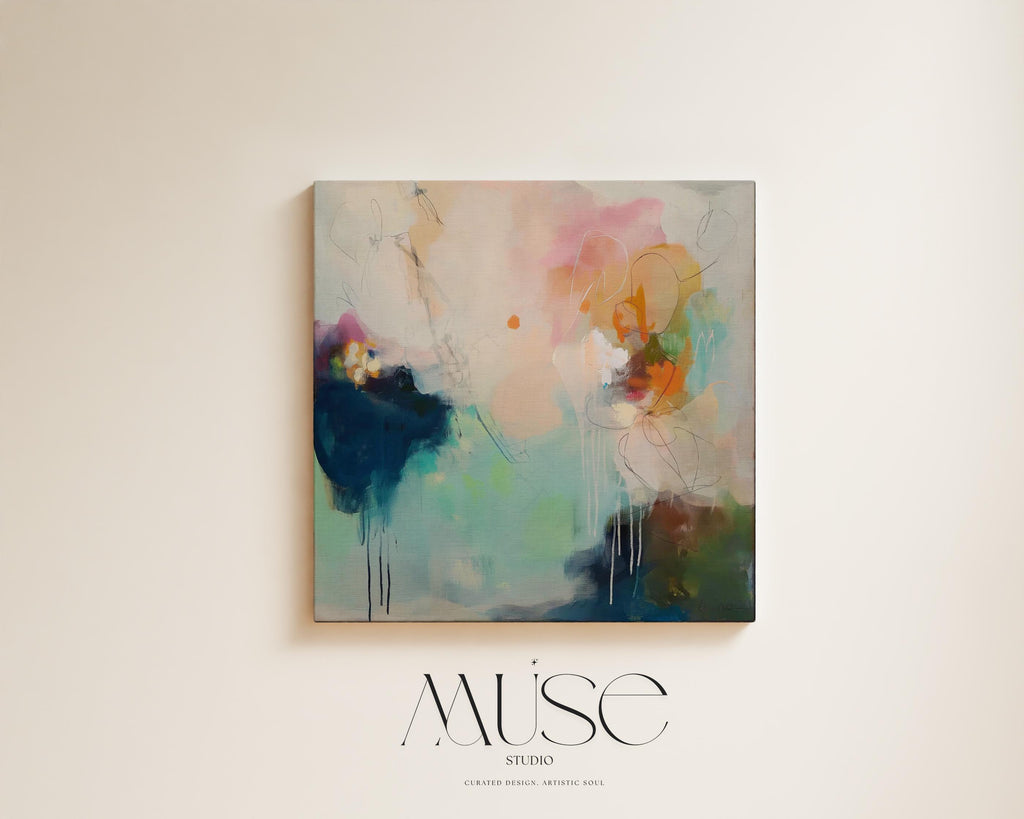 Large Abstract Canvas Wall Art · Teal Blue Blush Modern Painting for Living Room Bedroom or Office · Soft Contemporary Wall Decor on Premium Artist Canvas Printed with Museum-Grade Giclée Inks · Oversized Ready to Hang Statement Art · Muse Studio Coastal Interlude 1032