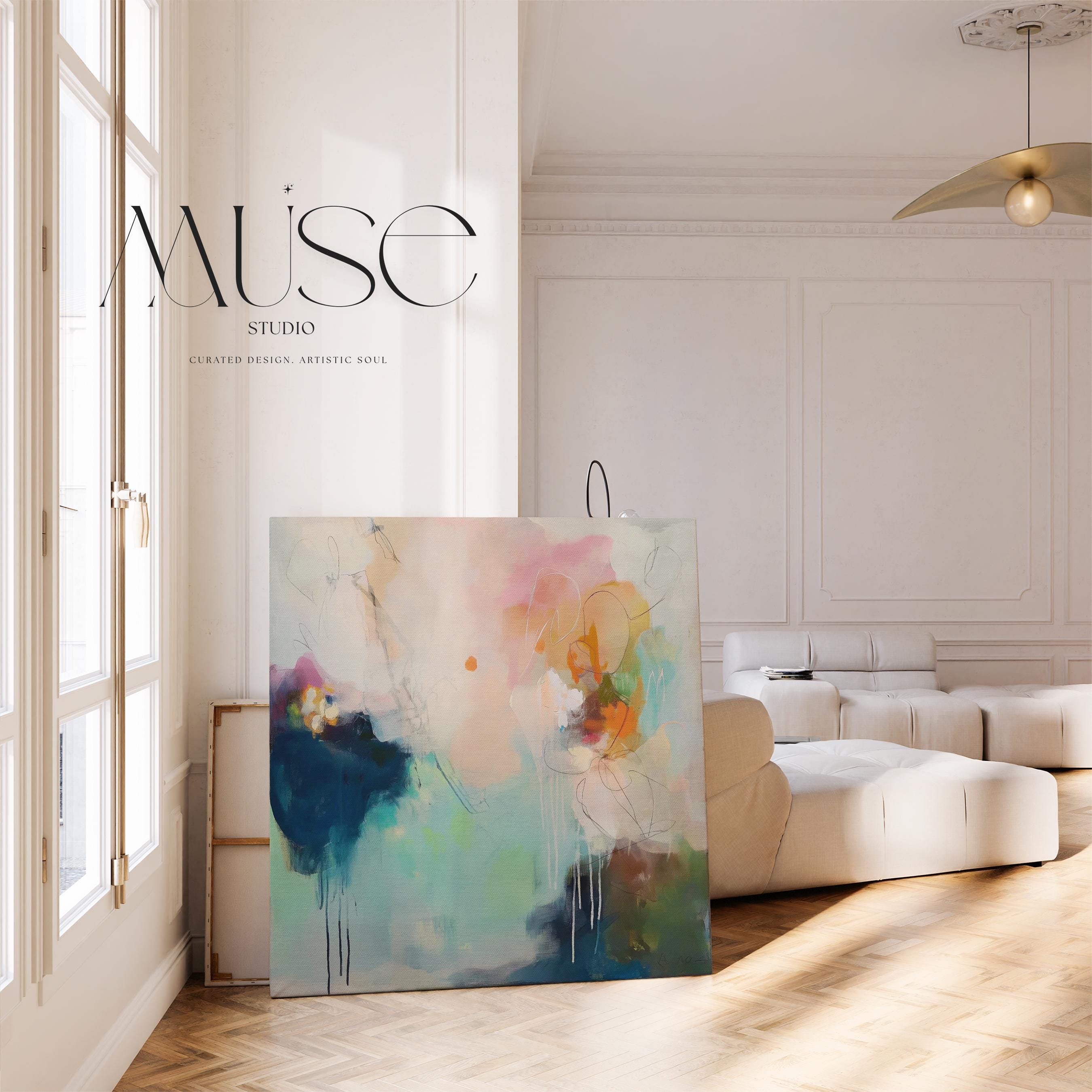 Large Abstract Canvas Wall Art · Teal Blue Blush Modern Painting for Living Room Bedroom or Office · Soft Contemporary Wall Decor on Premium Artist Canvas Printed with Museum-Grade Giclée Inks · Oversized Ready to Hang Statement Art · Muse Studio Coastal Interlude 1032