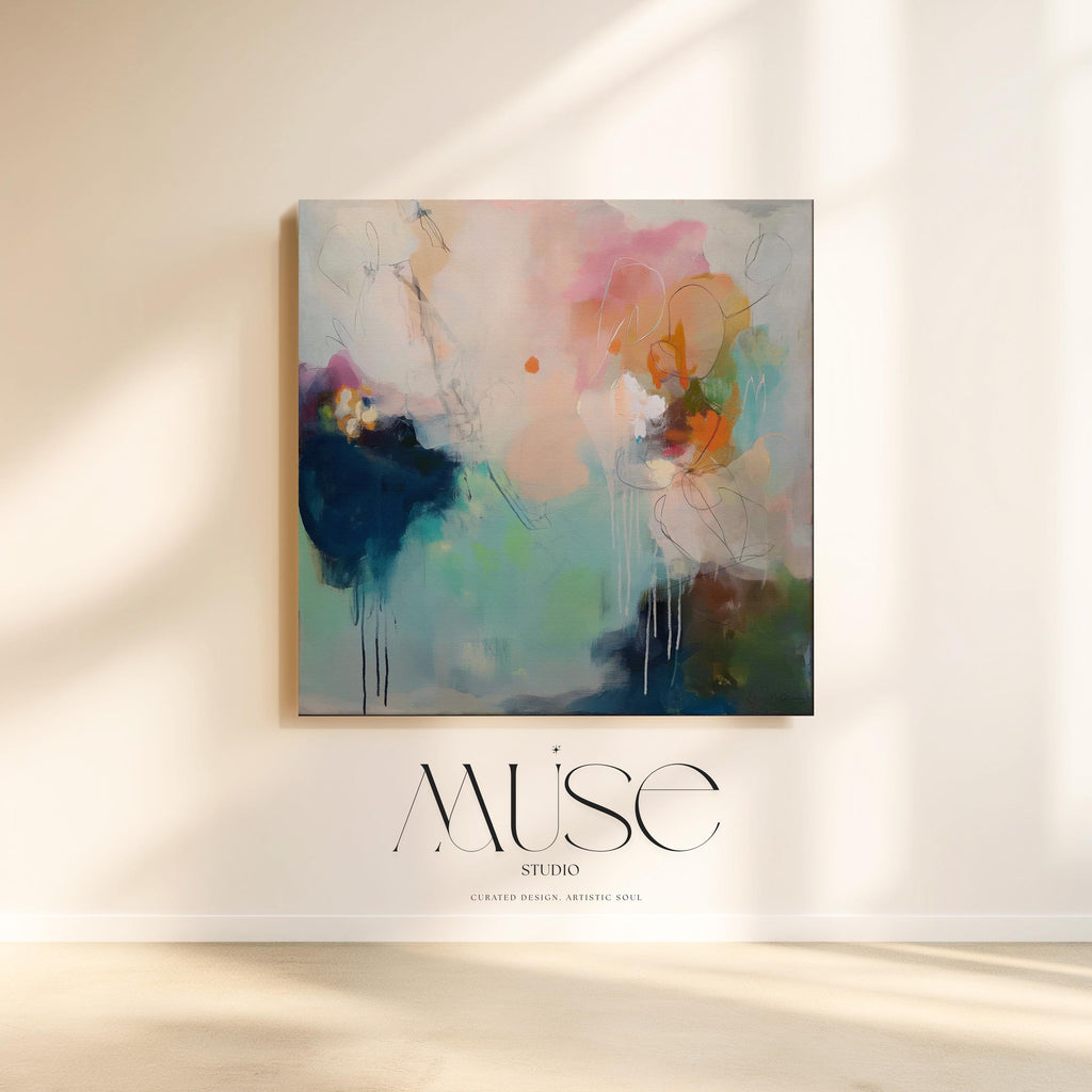 Large Abstract Canvas Wall Art · Teal Blue Blush Modern Painting for Living Room Bedroom or Office · Soft Contemporary Wall Decor on Premium Artist Canvas Printed with Museum-Grade Giclée Inks · Oversized Ready to Hang Statement Art · Muse Studio Coastal Interlude 1032
