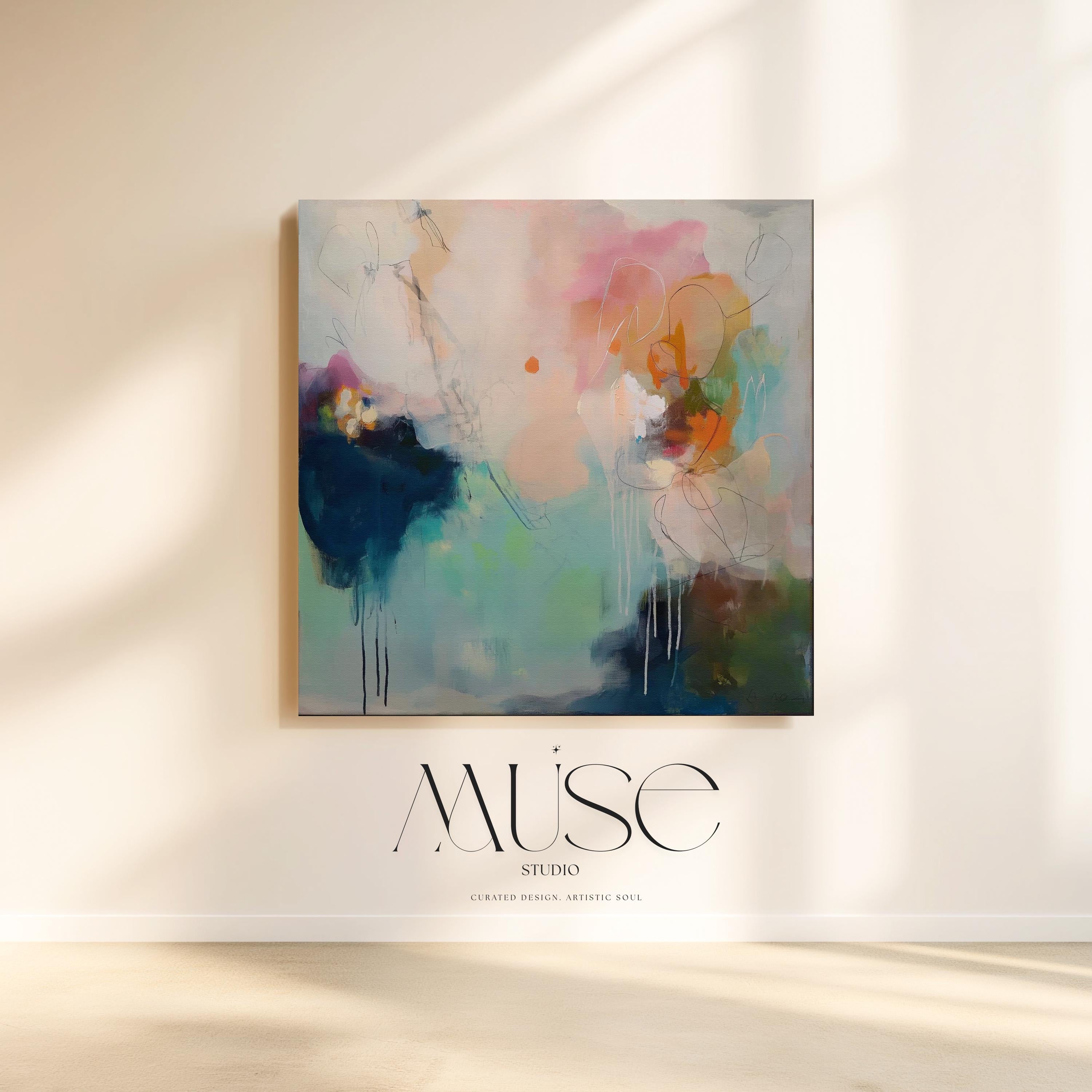 Large Abstract Canvas Wall Art · Teal Blue Blush Modern Painting for Living Room Bedroom or Office · Soft Contemporary Wall Decor on Premium Artist Canvas Printed with Museum-Grade Giclée Inks · Oversized Ready to Hang Statement Art · Muse Studio Coastal Interlude 1032