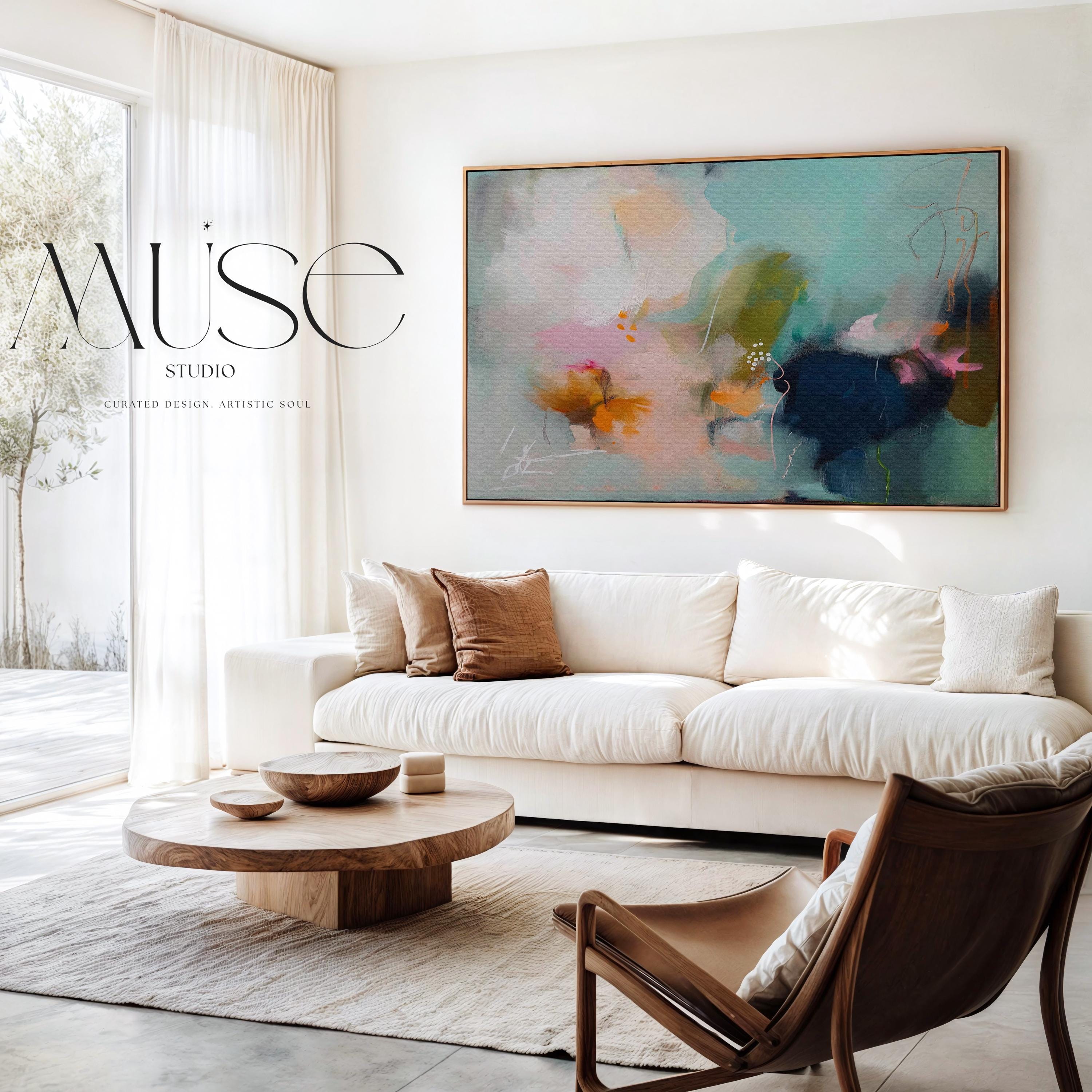 Sea glass green and apricot abstract artwork by Muse Studio & Co. printed with archival giclée inks on gallery-wrapped canvas, custom produced in large wall art sizes suited for soft contemporary and coastal neutral interiors.