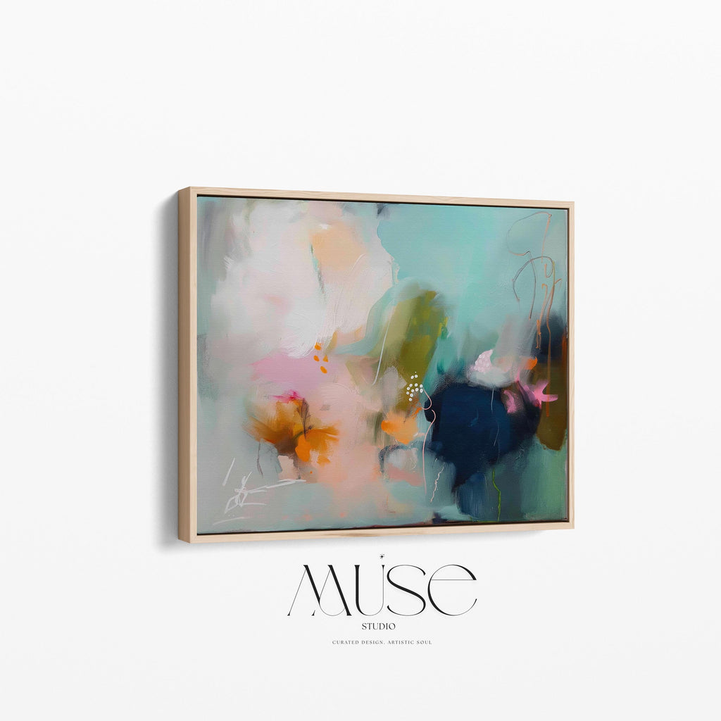 Sea glass green and apricot abstract artwork by Muse Studio & Co. printed with archival giclée inks on gallery-wrapped canvas, custom produced in large wall art sizes suited for soft contemporary and coastal neutral interiors.