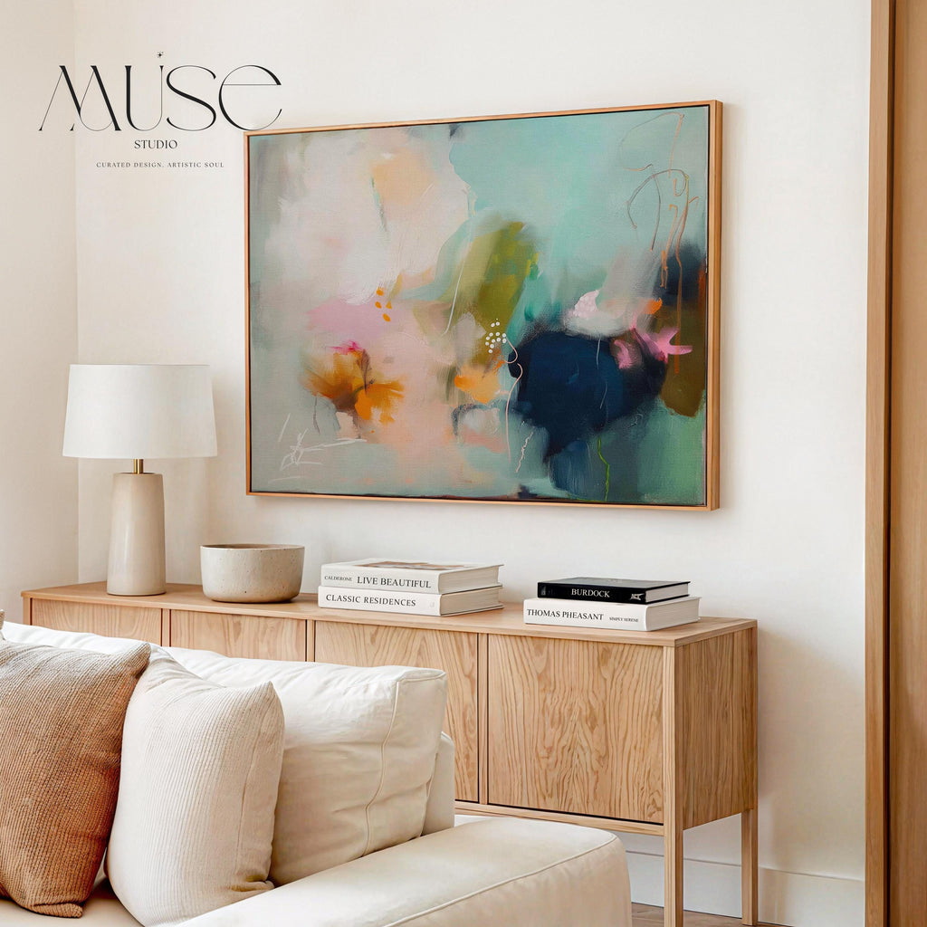 Sea glass green and apricot abstract artwork by Muse Studio & Co. printed with archival giclée inks on gallery-wrapped canvas, custom produced in large wall art sizes suited for soft contemporary and coastal neutral interiors.
