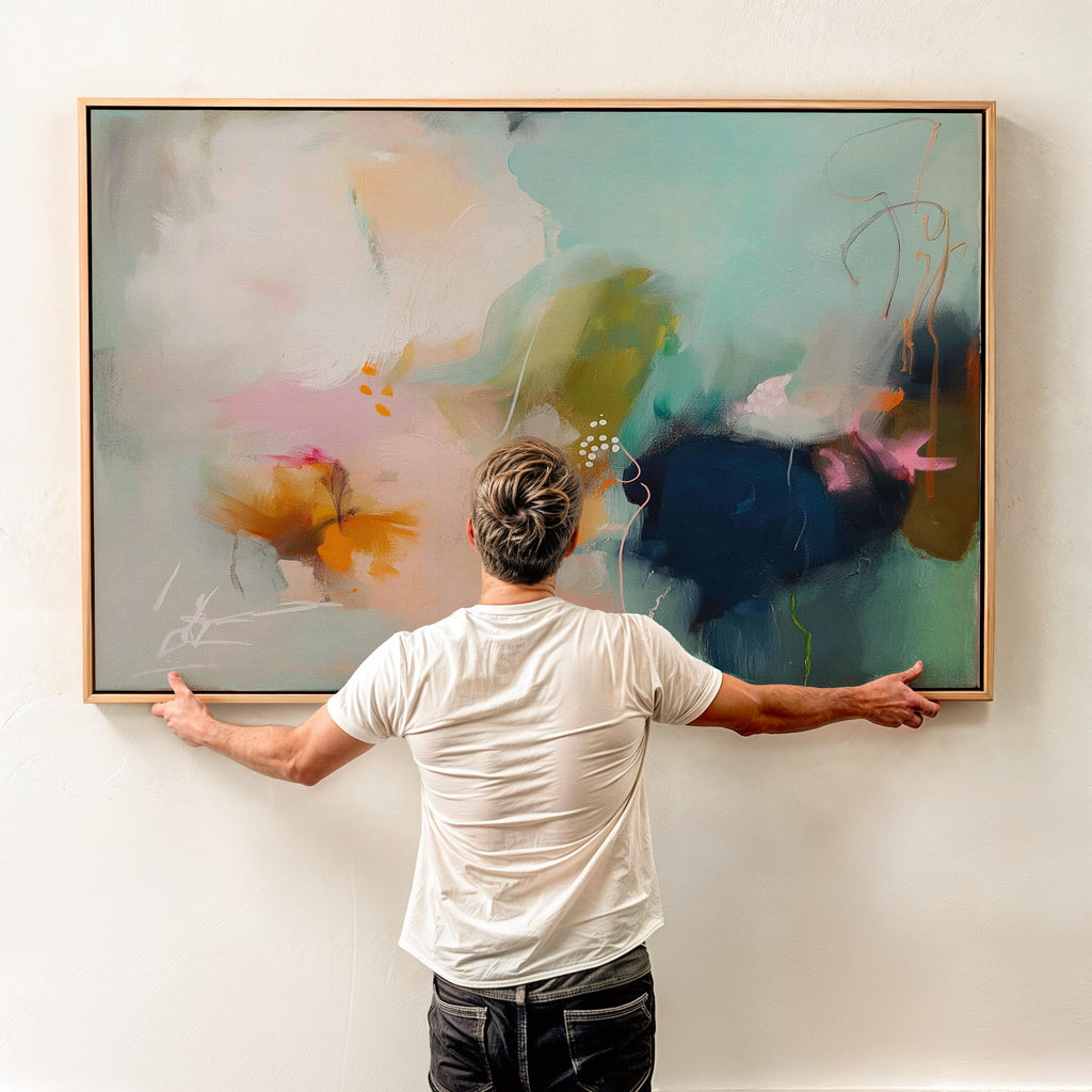 Sea glass green and apricot abstract artwork by Muse Studio & Co. printed with archival giclée inks on gallery-wrapped canvas, custom produced in large wall art sizes suited for soft contemporary and coastal neutral interiors.