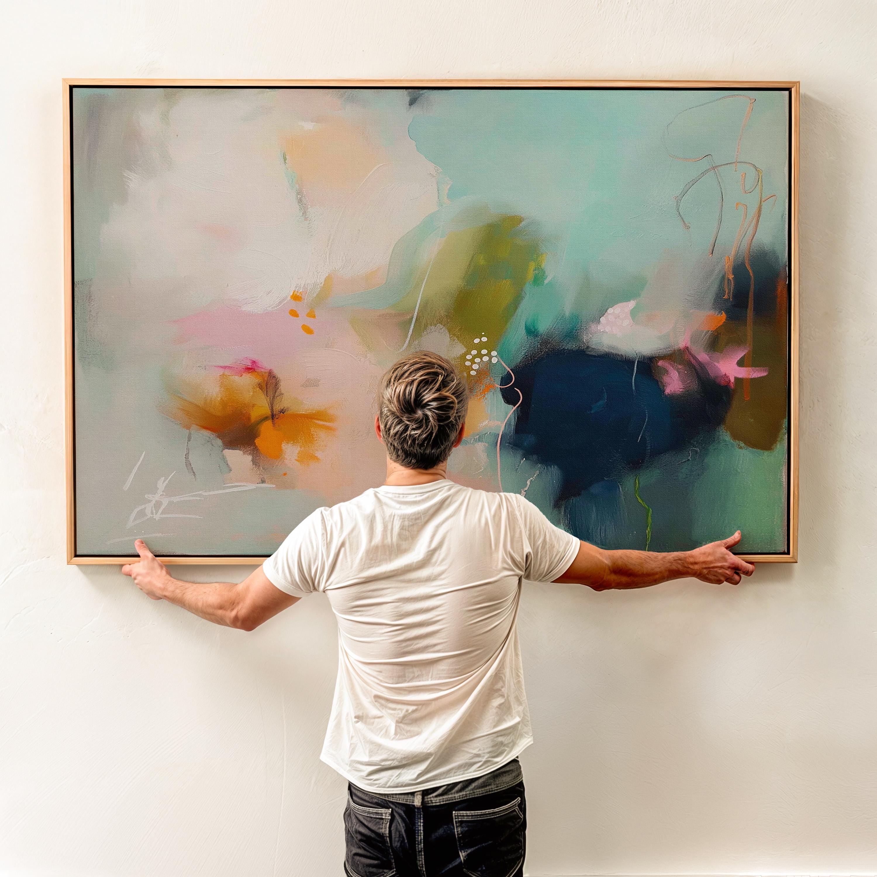 Sea glass green and apricot abstract artwork by Muse Studio & Co. printed with archival giclée inks on gallery-wrapped canvas, custom produced in large wall art sizes suited for soft contemporary and coastal neutral interiors.