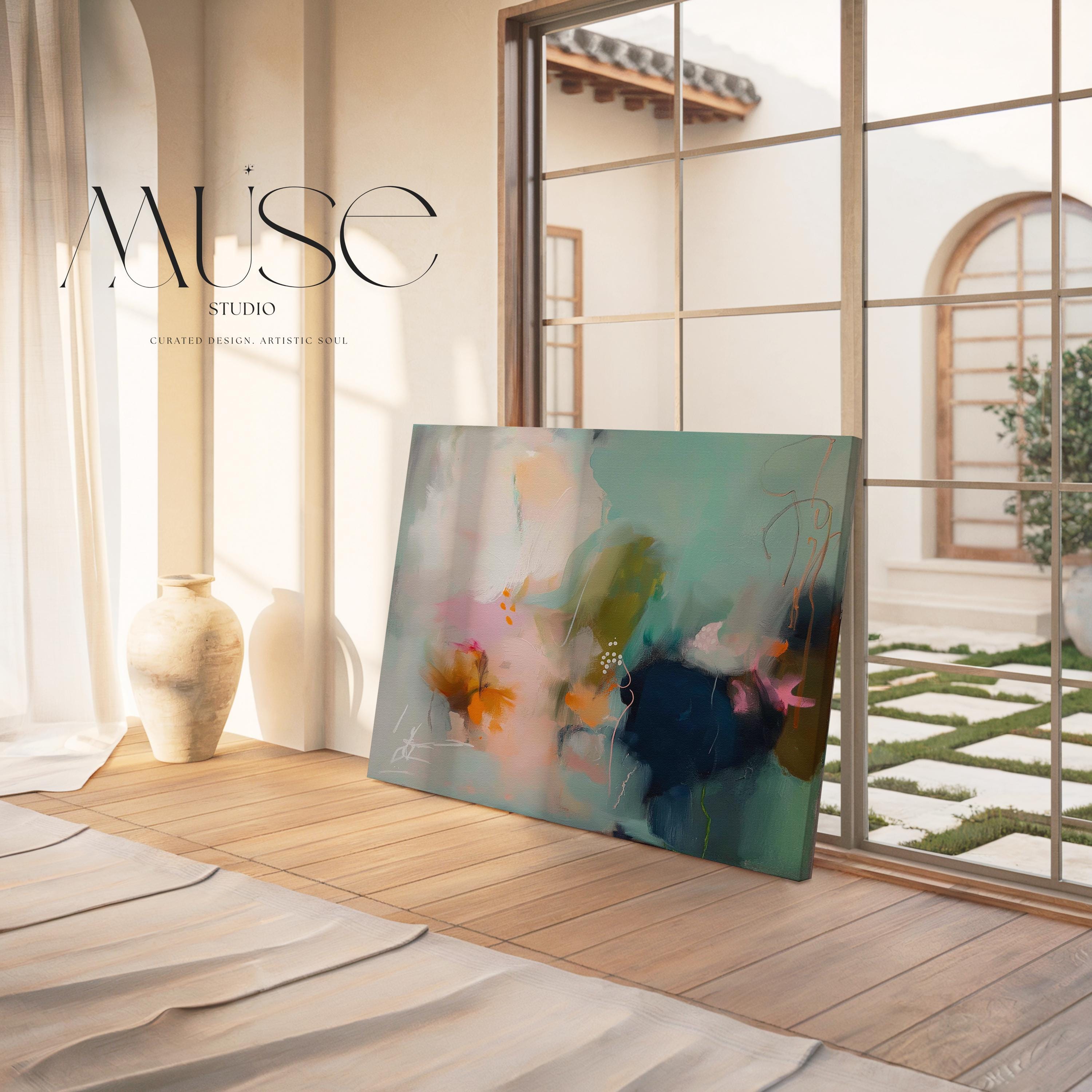 Abstract coastal painting titled Glass Garden, featuring fluid layers of deep navy blue, vibrant teal, and soft blush pink paint on a horizontal canvas Sea glass green and apricot abstract artwork by Muse Studio & Co. printed with archival giclée inks on gallery-wrapped canvas, custom produced in large wall art sizes suited for soft contemporary, coastal neutral, and organic transitional interiors.