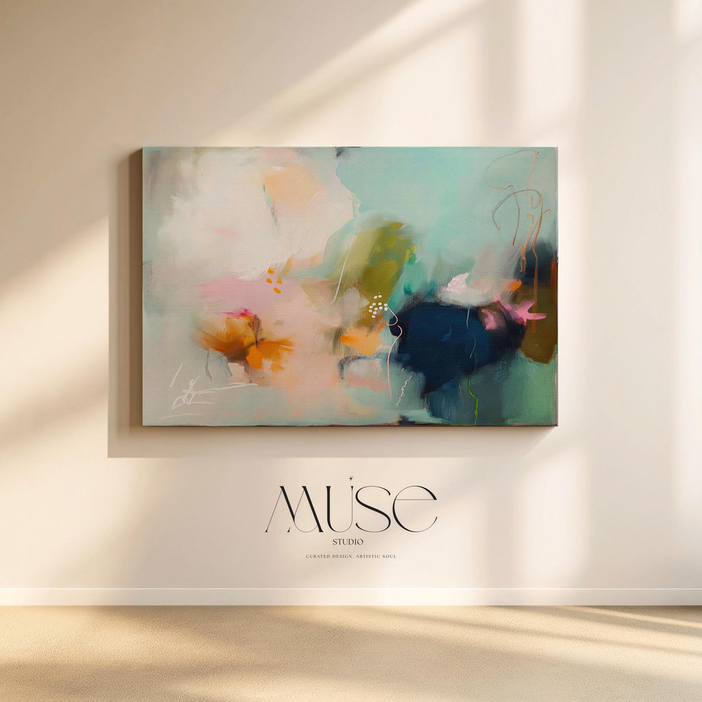 Abstract coastal painting titled Glass Garden, featuring fluid layers of deep navy blue, vibrant teal, and soft blush pink paint on a horizontal canvas Sea glass green and apricot abstract artwork by Muse Studio & Co. printed with archival giclée inks on gallery-wrapped canvas, custom produced in large wall art sizes suited for soft contemporary, coastal neutral, and organic transitional interiors.