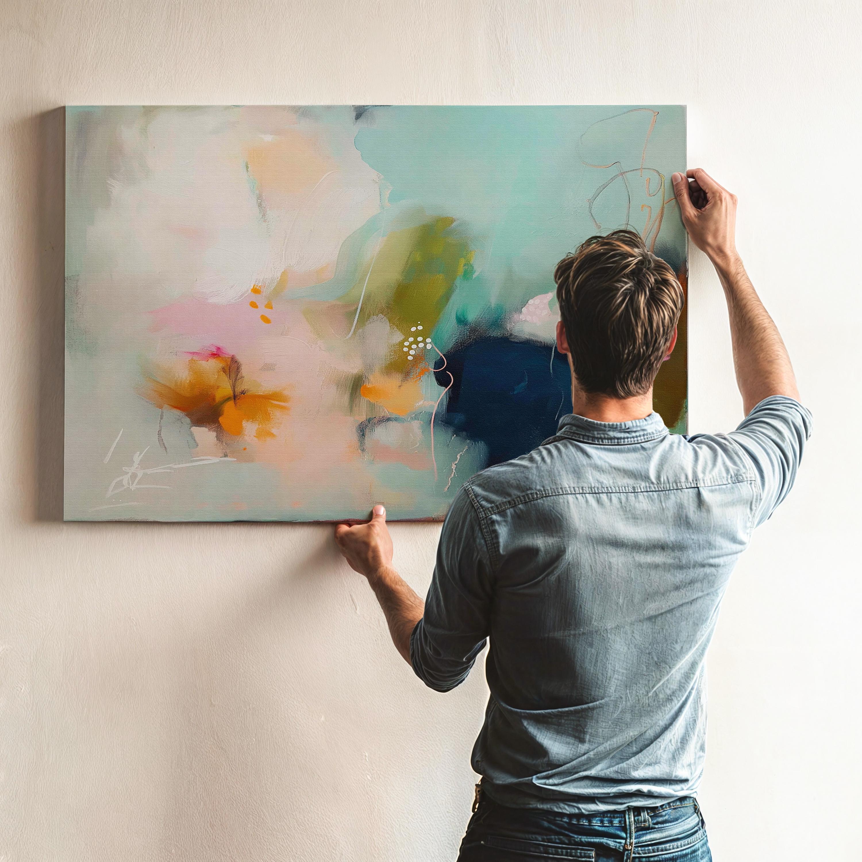 Abstract coastal painting titled Glass Garden, featuring fluid layers of deep navy blue, vibrant teal, and soft blush pink paint on a horizontal canvas Sea glass green and apricot abstract artwork by Muse Studio & Co. printed with archival giclée inks on gallery-wrapped canvas, custom produced in large wall art sizes suited for soft contemporary, coastal neutral, and organic transitional interiors.