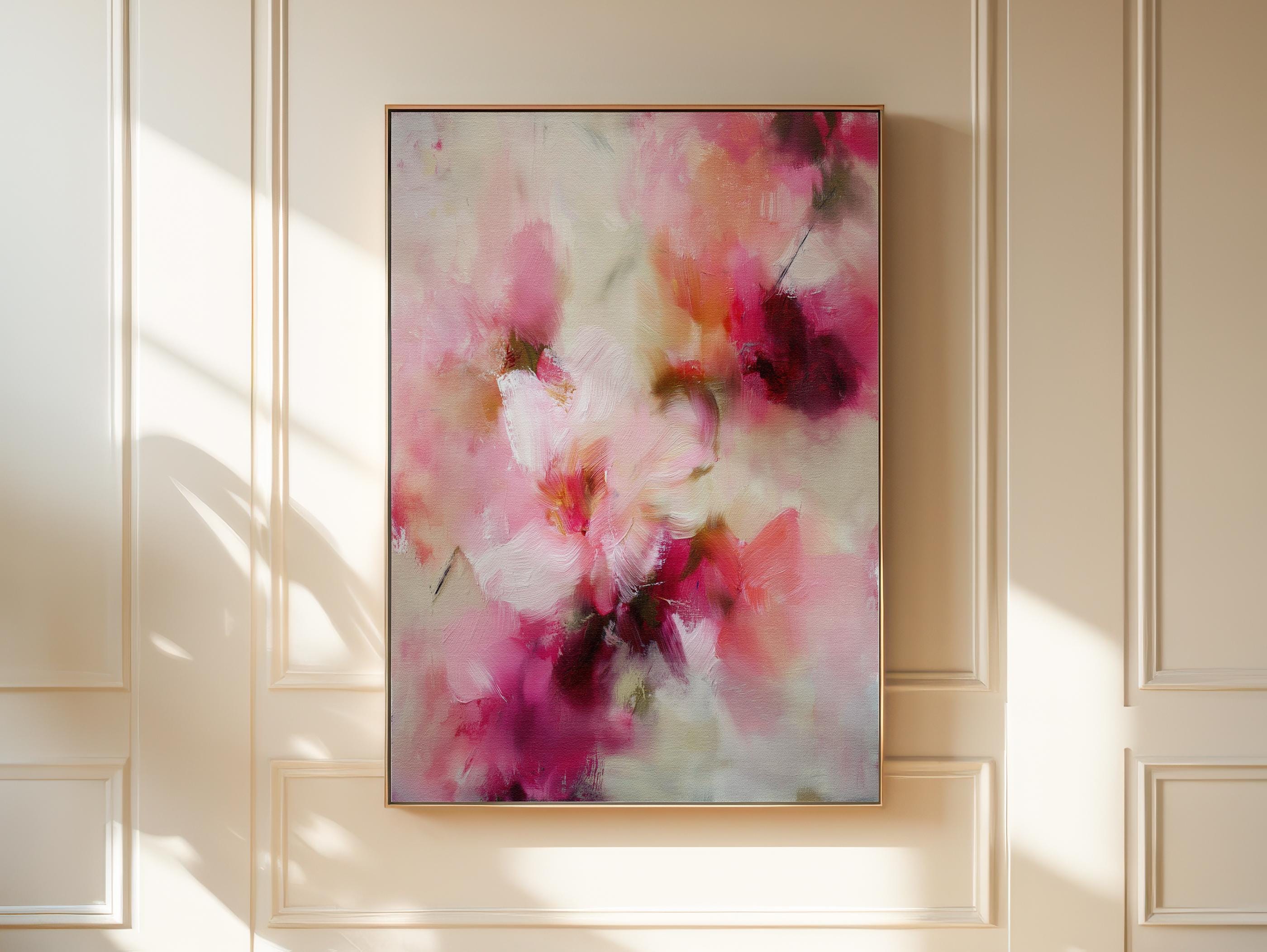 Large vertical framed canvas wall art by Muse Studio, printed with museum-grade giclée inks on finely textured artist canvas, featuring blush pink, coral, cream, and deep berry botanical abstraction for refined organic transitional interiors.