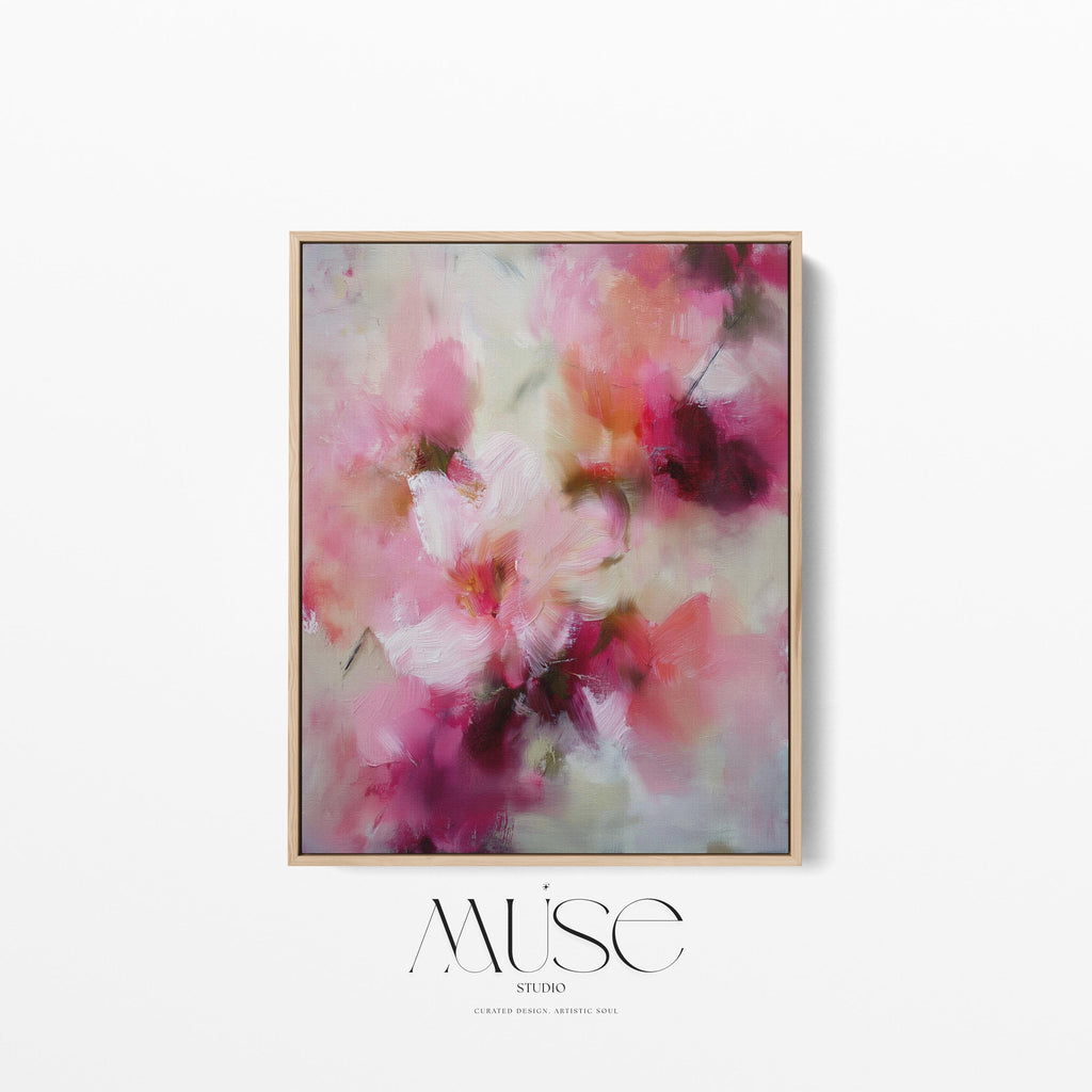 Large vertical framed canvas wall art by Muse Studio, printed with museum-grade giclée inks on finely textured artist canvas, featuring blush pink, coral, cream, and deep berry botanical abstraction for refined organic transitional interiors.