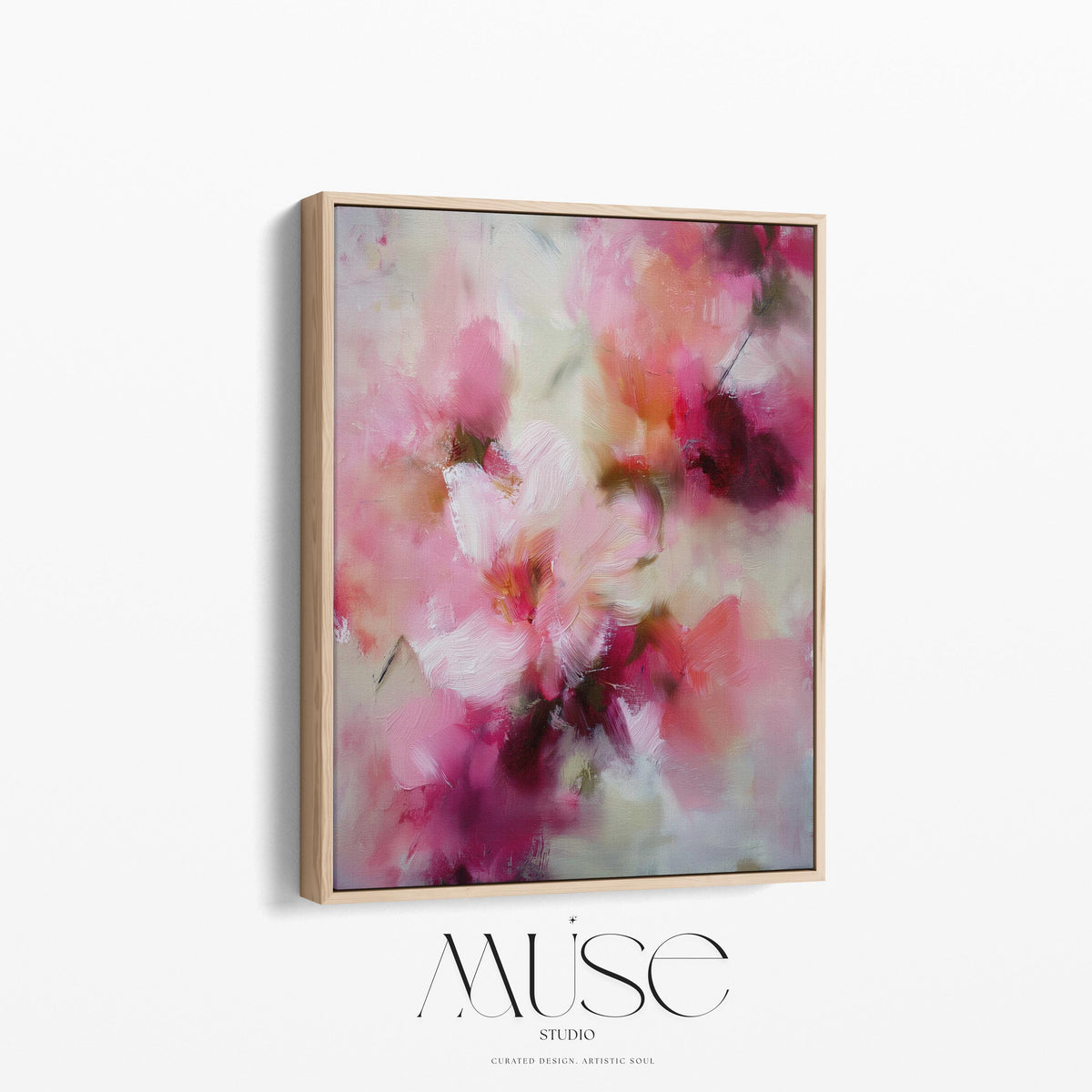 Large vertical framed canvas wall art by Muse Studio, printed with museum-grade giclée inks on finely textured artist canvas, featuring blush pink, coral, cream, and deep berry botanical abstraction for refined organic transitional interiors.
