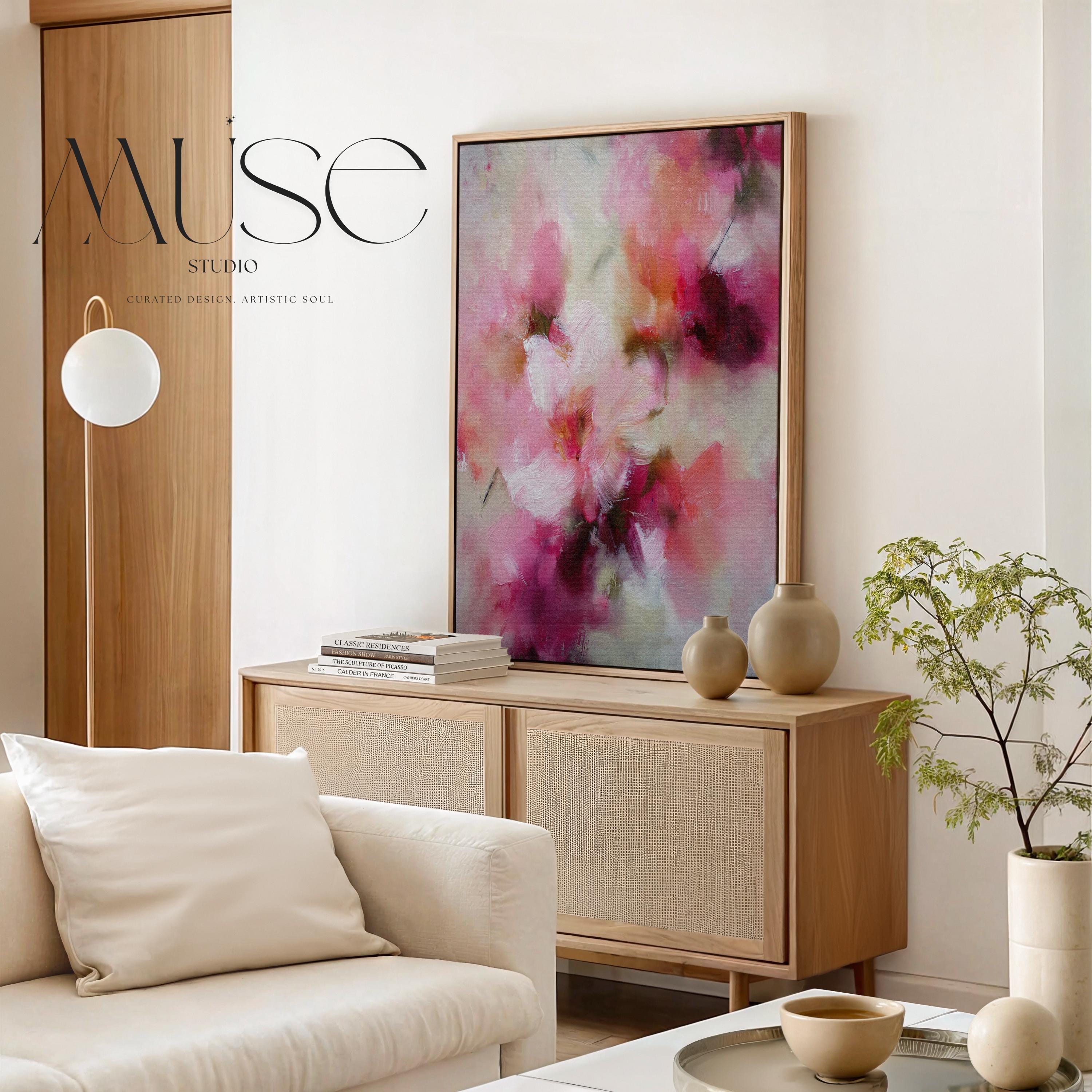 Large vertical framed canvas wall art by Muse Studio, printed with museum-grade giclée inks on finely textured artist canvas, featuring blush pink, coral, cream, and deep berry botanical abstraction for refined organic transitional interiors.