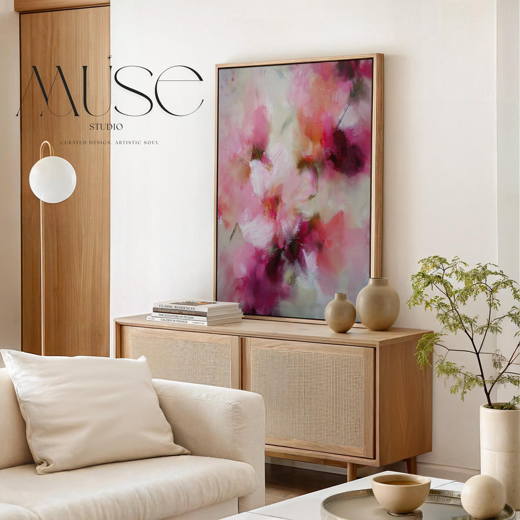 Large vertical framed canvas wall art by Muse Studio, printed with museum-grade giclée inks on finely textured artist canvas, featuring blush pink, coral, cream, and deep berry botanical abstraction for refined organic transitional interiors.