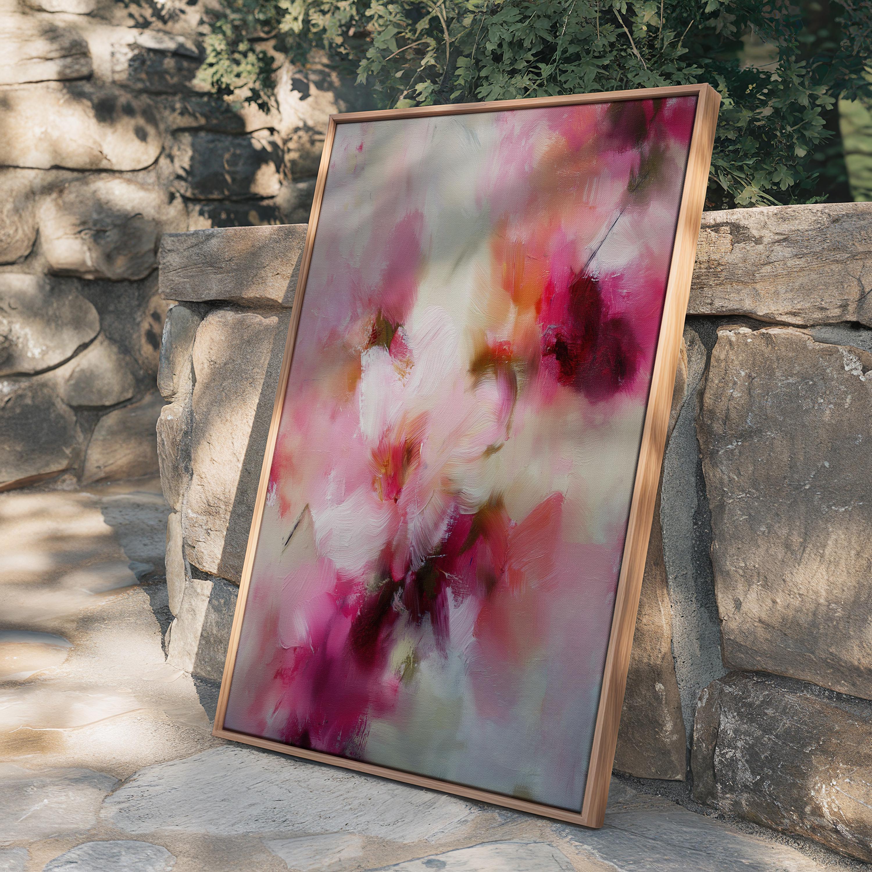 Large vertical framed canvas wall art by Muse Studio, printed with museum-grade giclée inks on finely textured artist canvas, featuring blush pink, coral, cream, and deep berry botanical abstraction for refined organic transitional interiors.