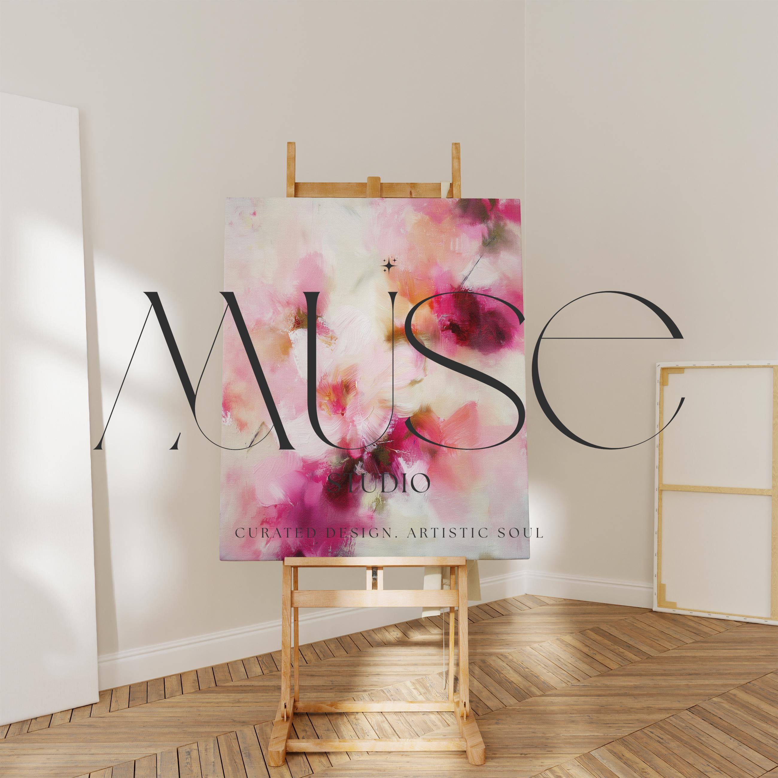 Vertical abstract canvas wall art by Muse Studio, produced with museum-quality giclée inks on premium gallery-wrapped artist canvas, blending blush pink, coral, cream, and berry tones in a soft botanical composition for romantic layered interiors.