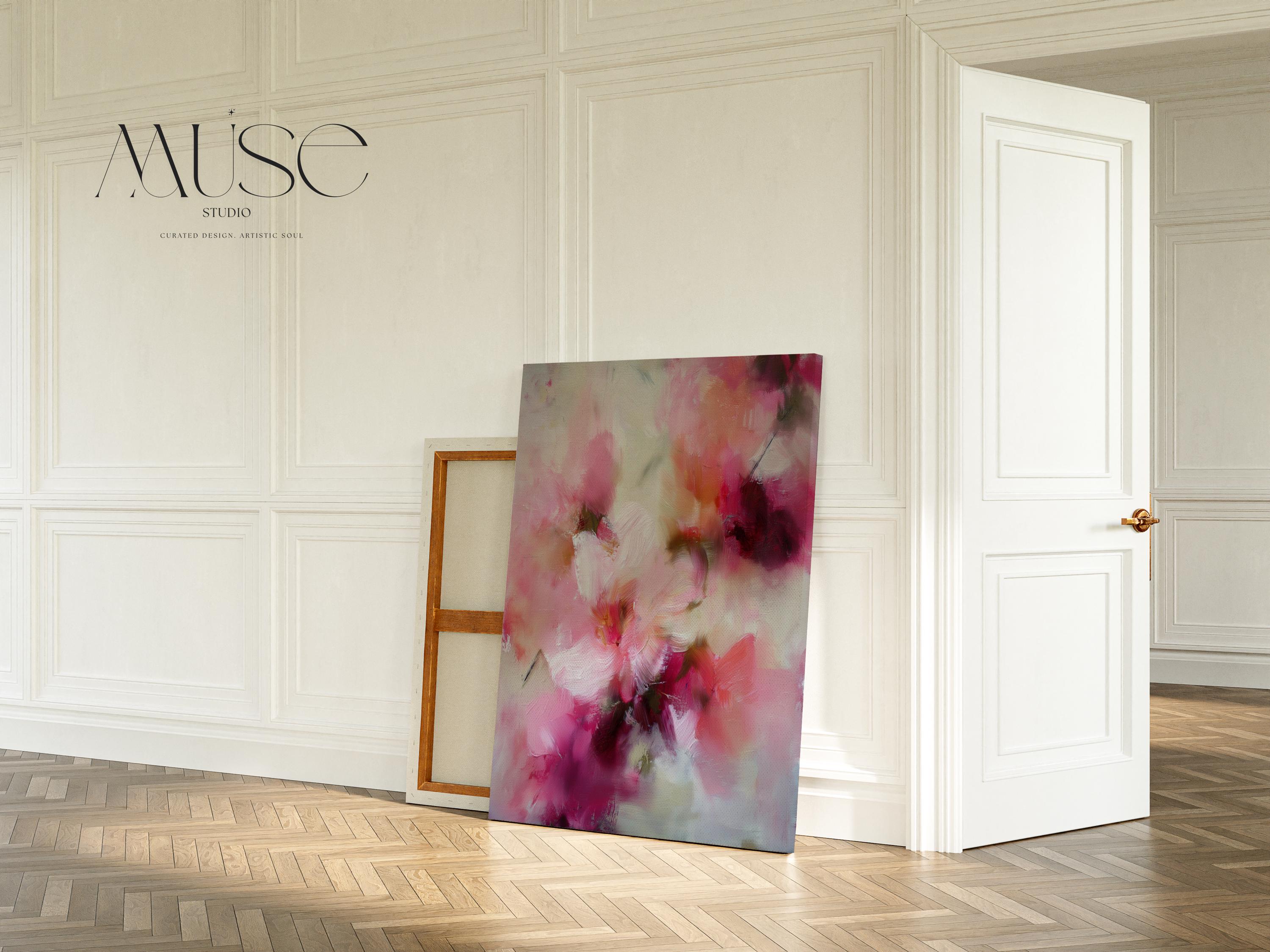 Vertical abstract canvas wall art by Muse Studio, produced with museum-quality giclée inks on premium gallery-wrapped artist canvas, blending blush pink, coral, cream, and berry tones in a soft botanical composition for romantic layered interiors.