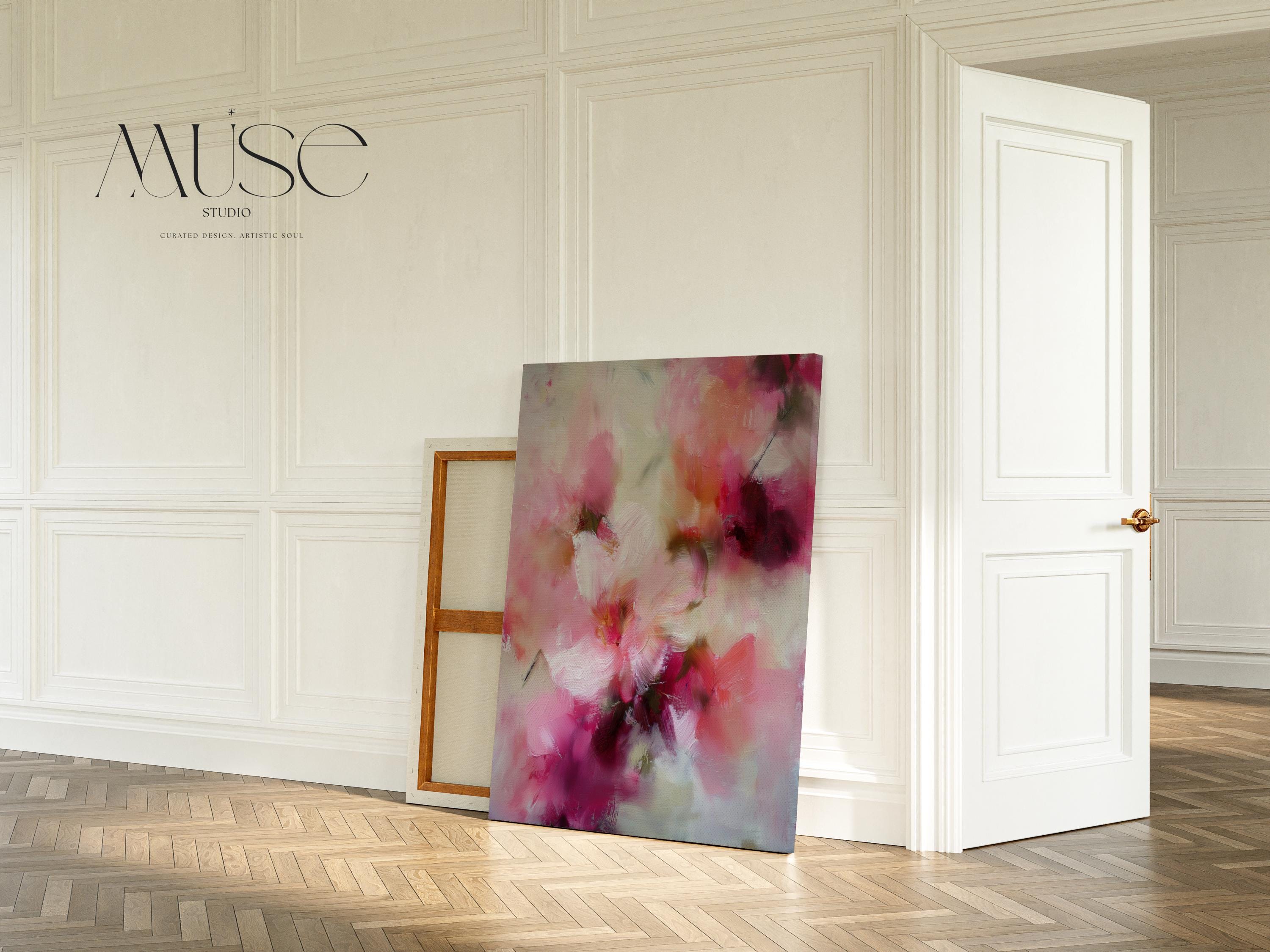 Vertical abstract canvas wall art by Muse Studio, produced with museum-quality giclée inks on premium gallery-wrapped artist canvas, blending blush pink, coral, cream, and berry tones in a soft botanical composition for romantic layered interiors.
