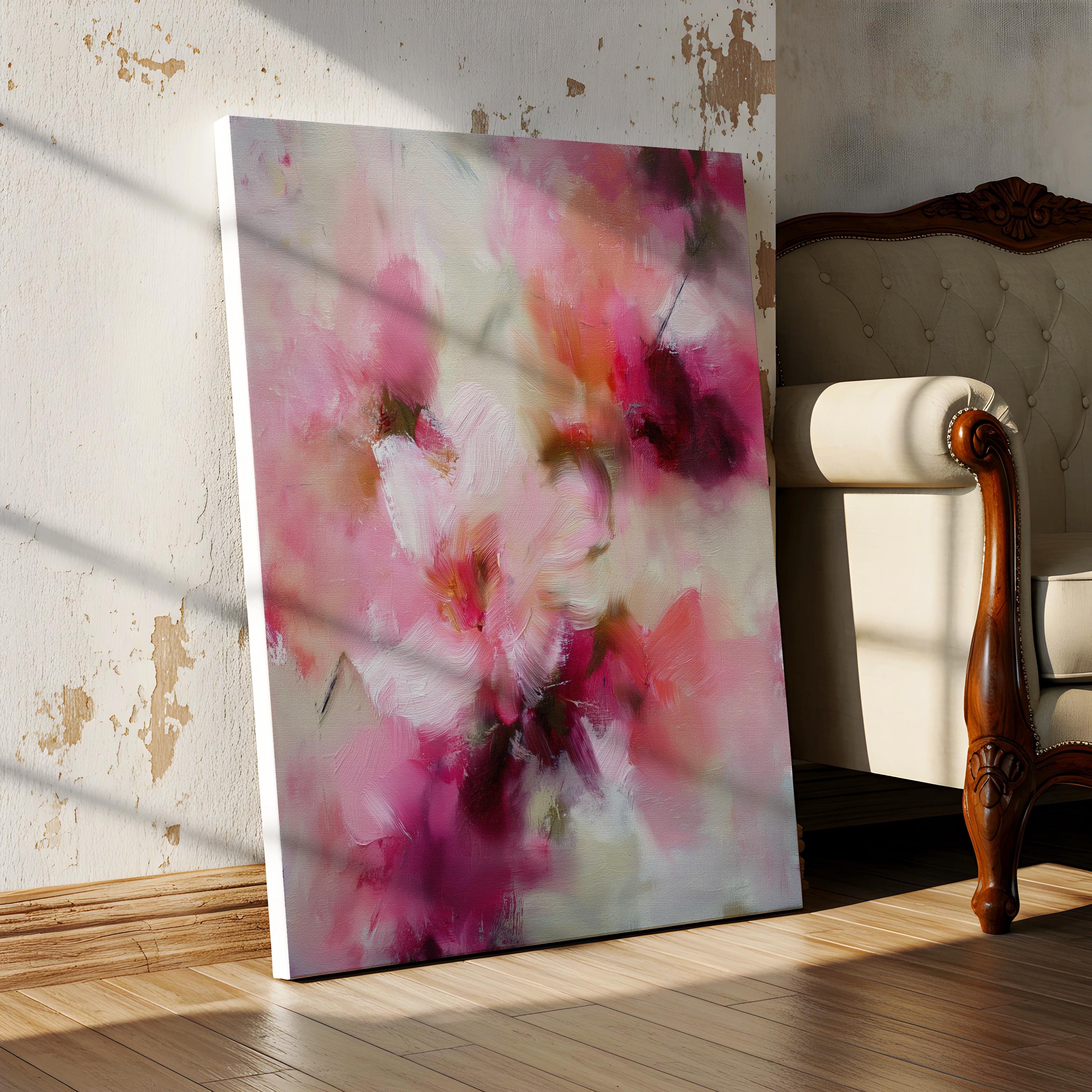 Vertical abstract canvas wall art by Muse Studio, produced with museum-quality giclée inks on premium gallery-wrapped artist canvas, blending blush pink, coral, cream, and berry tones in a soft botanical composition for romantic layered interiors.