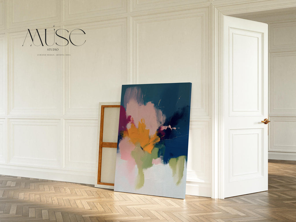Vertical abstract canvas wall art by Muse Studio printed with museum-grade giclée inks on premium gallery-wrapped artist canvas, featuring navy blue and golden ochre in a bold contemporary composition for refined living spaces.