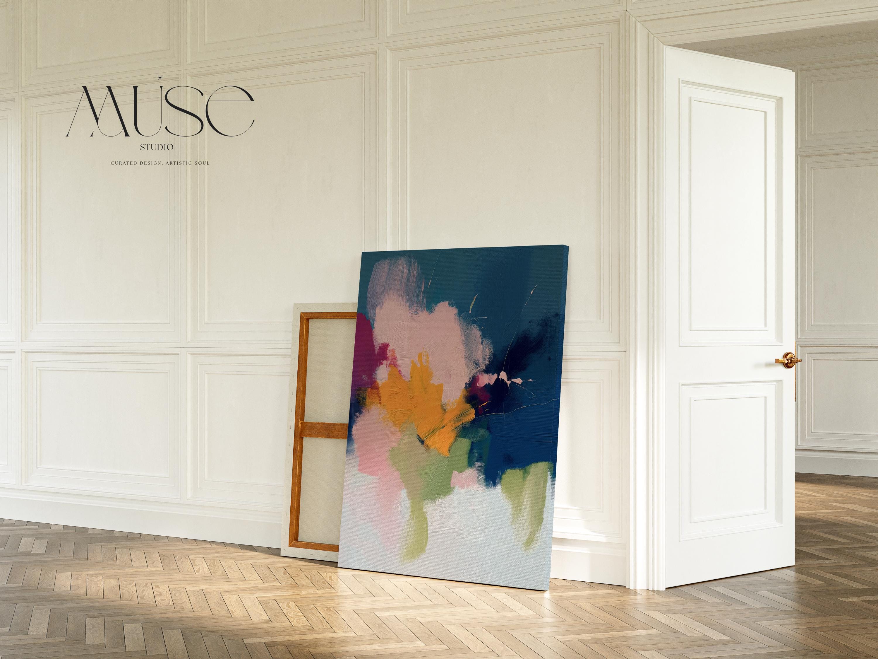 Vertical abstract canvas wall art by Muse Studio printed with museum-grade giclée inks on premium gallery-wrapped artist canvas, featuring navy blue and golden ochre in a bold contemporary composition for refined living spaces.