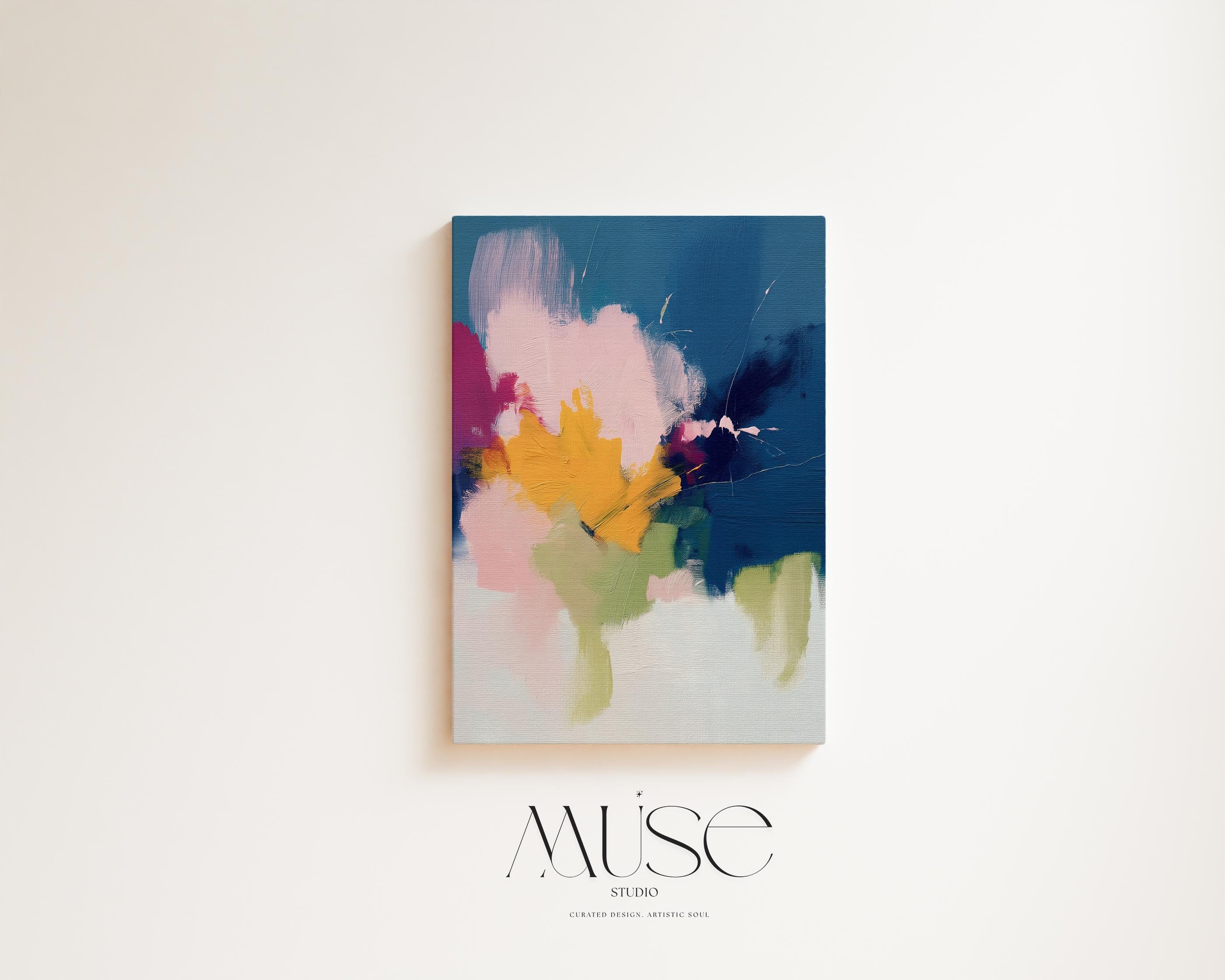 Vertical abstract canvas wall art by Muse Studio printed with museum-grade giclée inks on premium gallery-wrapped artist canvas, featuring navy blue and golden ochre in a bold contemporary composition for refined living spaces.