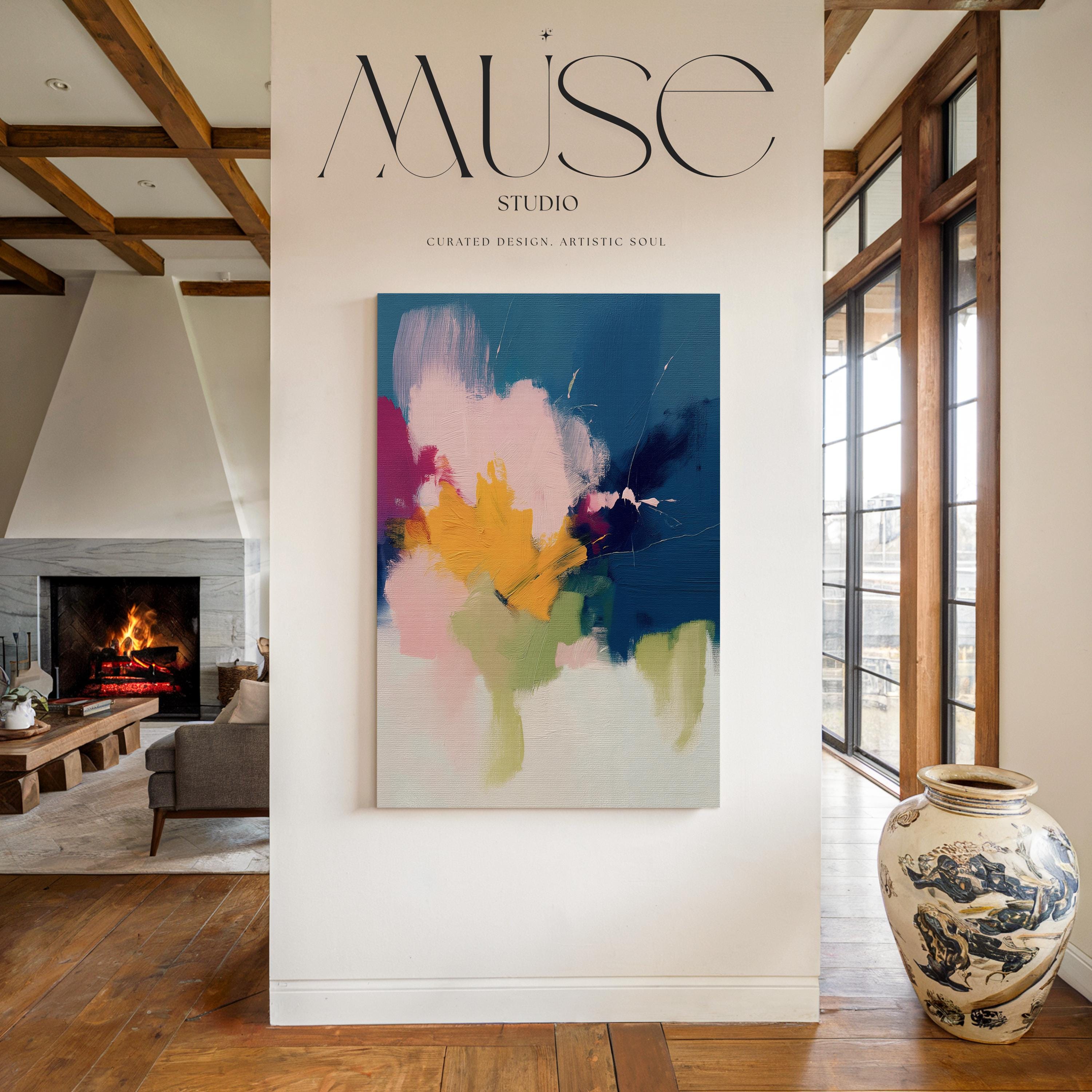 Vertical abstract canvas wall art by Muse Studio printed with museum-grade giclée inks on premium gallery-wrapped artist canvas, featuring navy blue and golden ochre in a bold contemporary composition for refined living spaces.