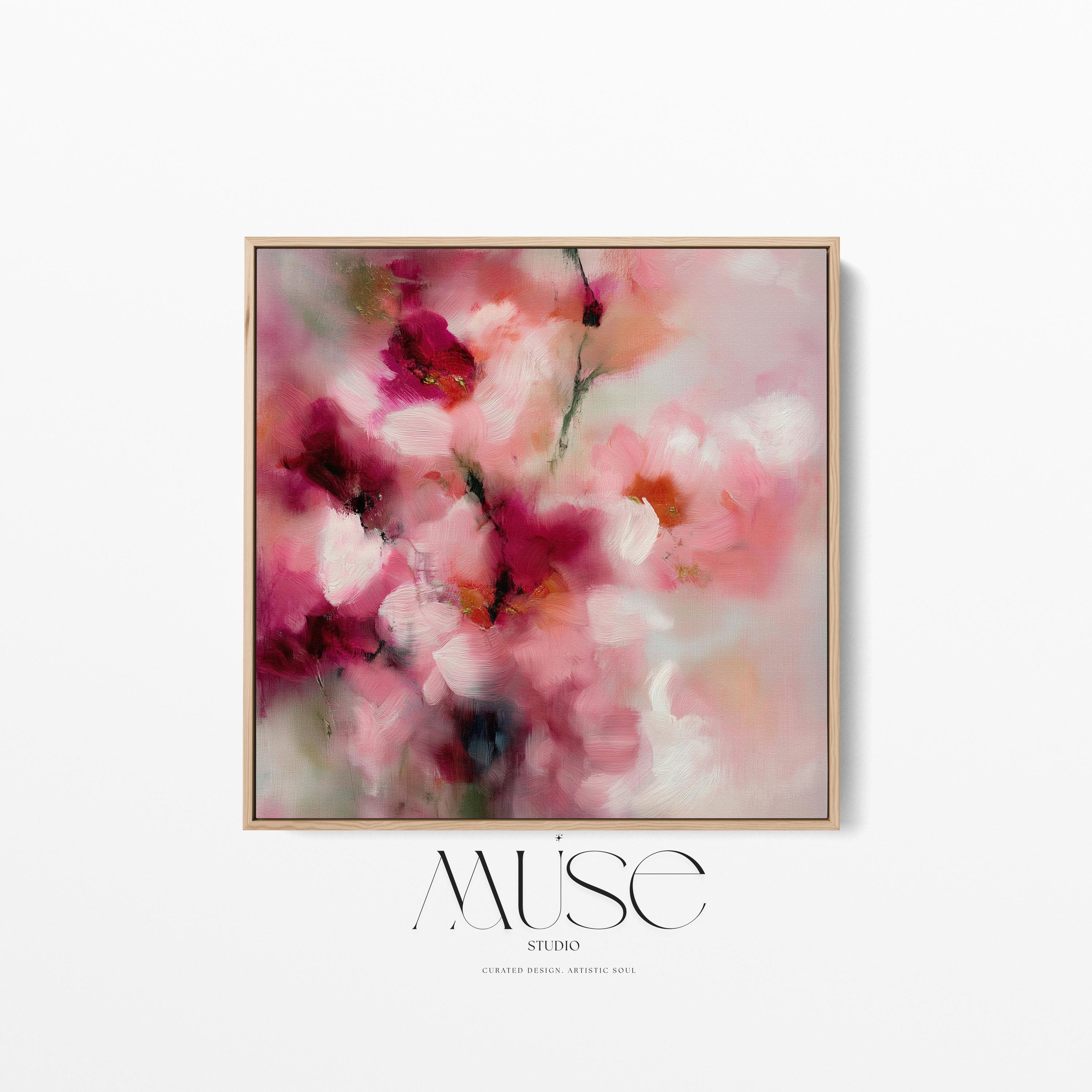 Large square abstract canvas wall art by Muse Studio produced with museum-grade giclée inks on premium gallery-wrapped artist canvas, blending blush pink and berry botanical tones in a romantic designer composition.