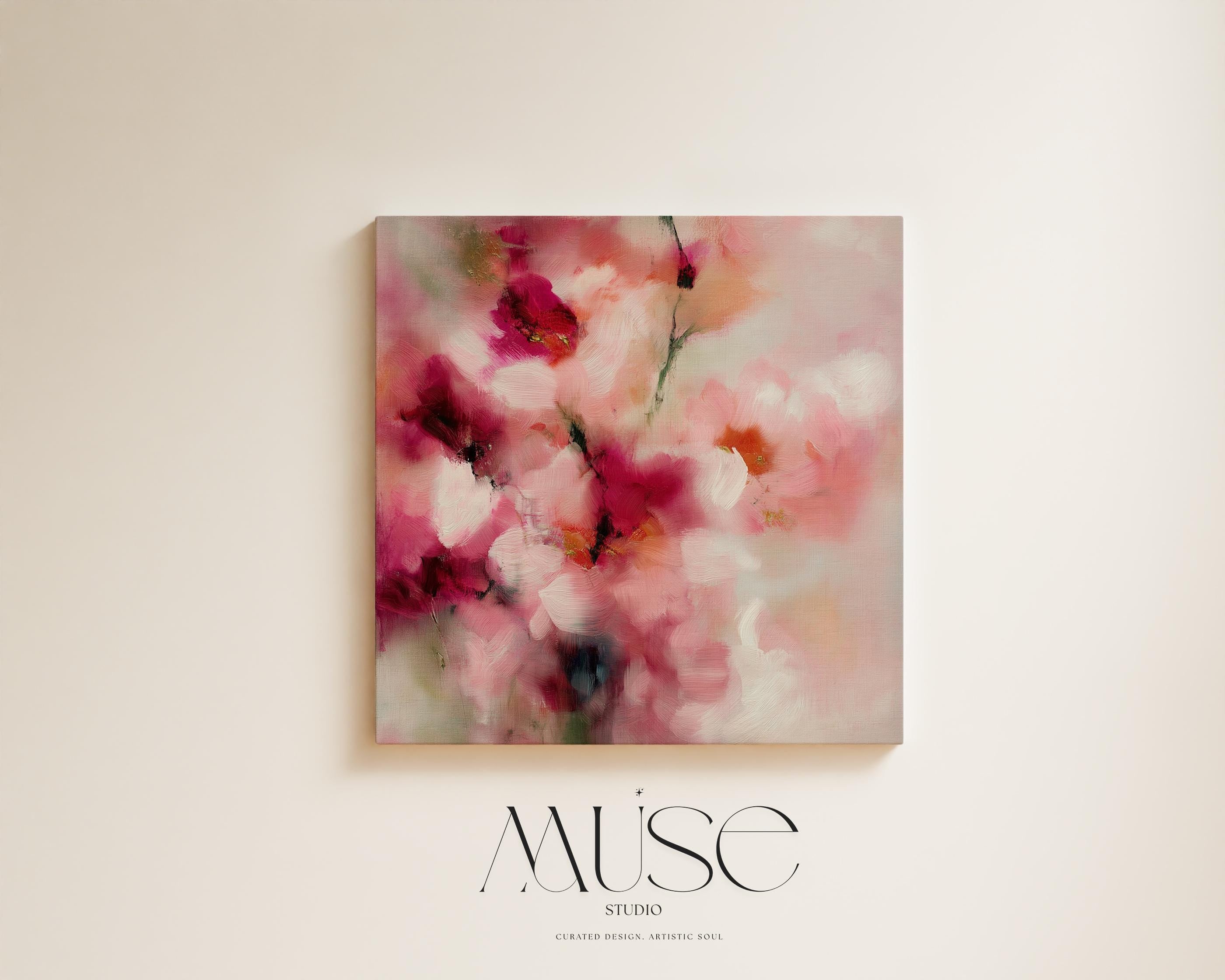 Large square abstract canvas wall art by Muse Studio produced with museum-grade giclée inks on premium gallery-wrapped artist canvas, blending blush pink and berry botanical tones in a romantic designer composition.