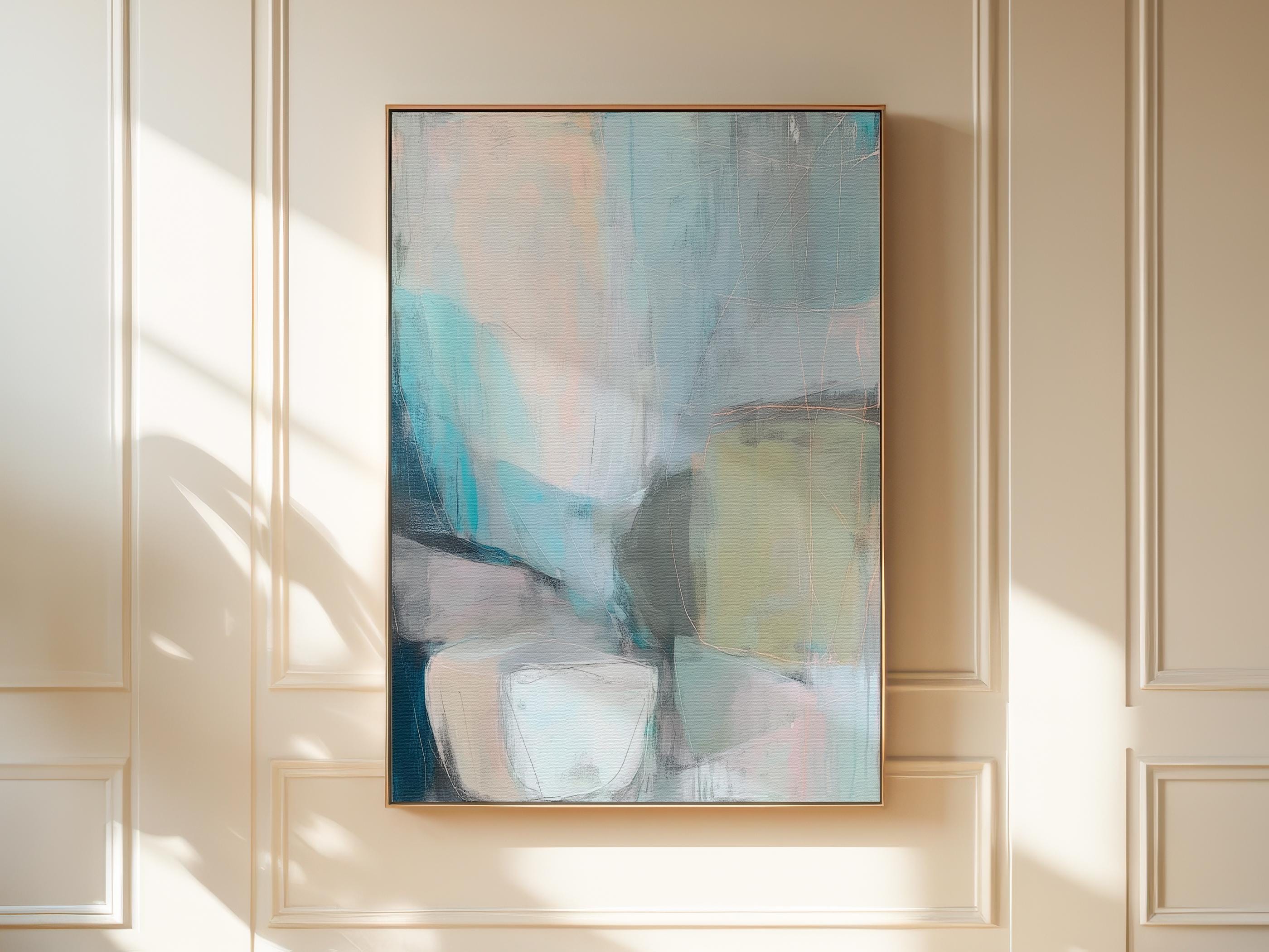 Muse Studio framed vertical abstract wall art in layered teal, blush, gray, and muted olive tones, printed with museum-grade giclée inks on premium gallery-wrapped canvas and finished in a natural wood floating frame for refined organic transitional interiors.