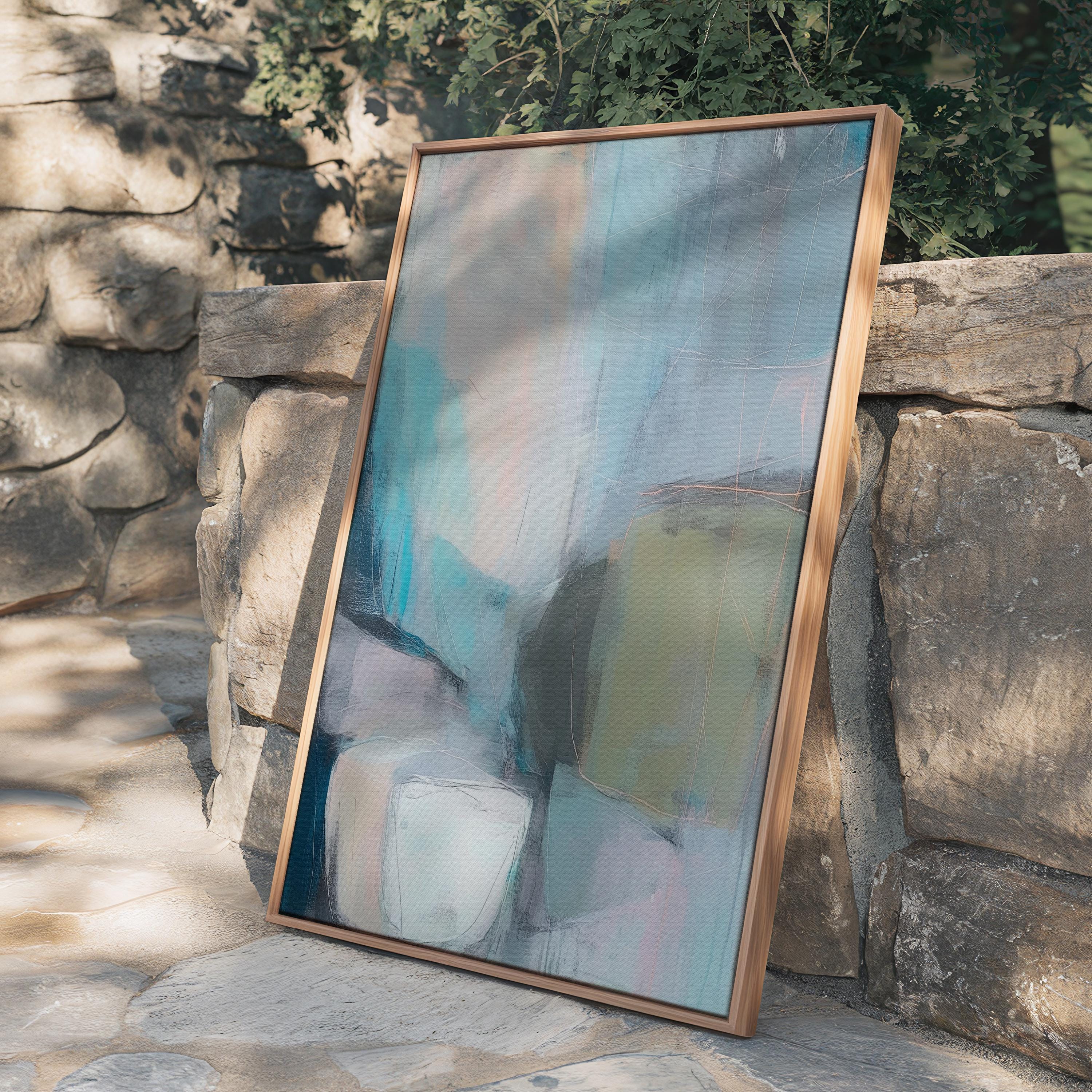 Muse Studio framed vertical abstract wall art in layered teal, blush, gray, and muted olive tones, printed with museum-grade giclée inks on premium gallery-wrapped canvas and finished in a natural wood floating frame for refined organic transitional interiors.