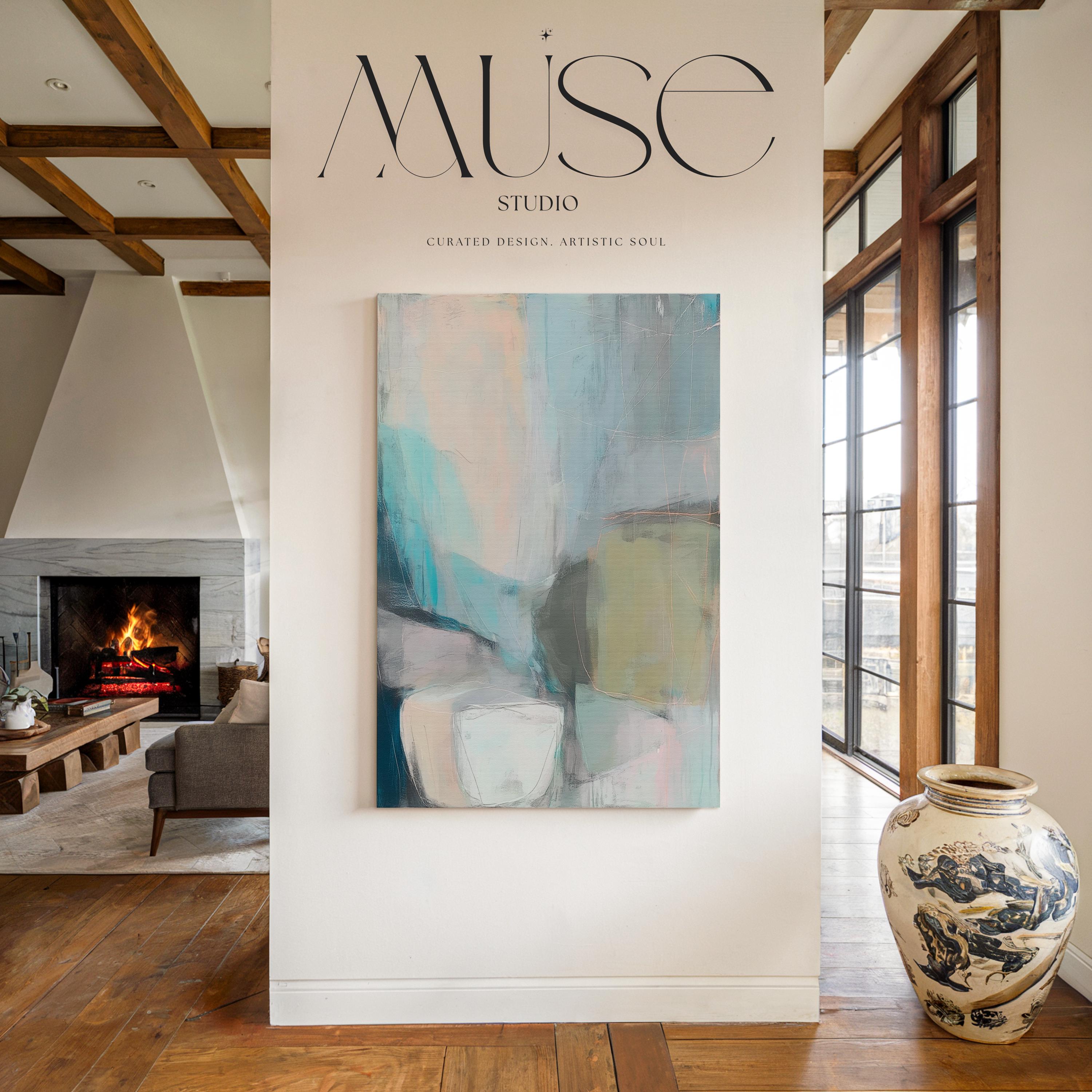 Muse Studio vertical coastal neutral canvas wall art in sea glass teal, blush, gray, and muted olive tones, printed with museum-grade giclée inks on premium gallery-wrapped artist canvas for beach house and second home interiors.