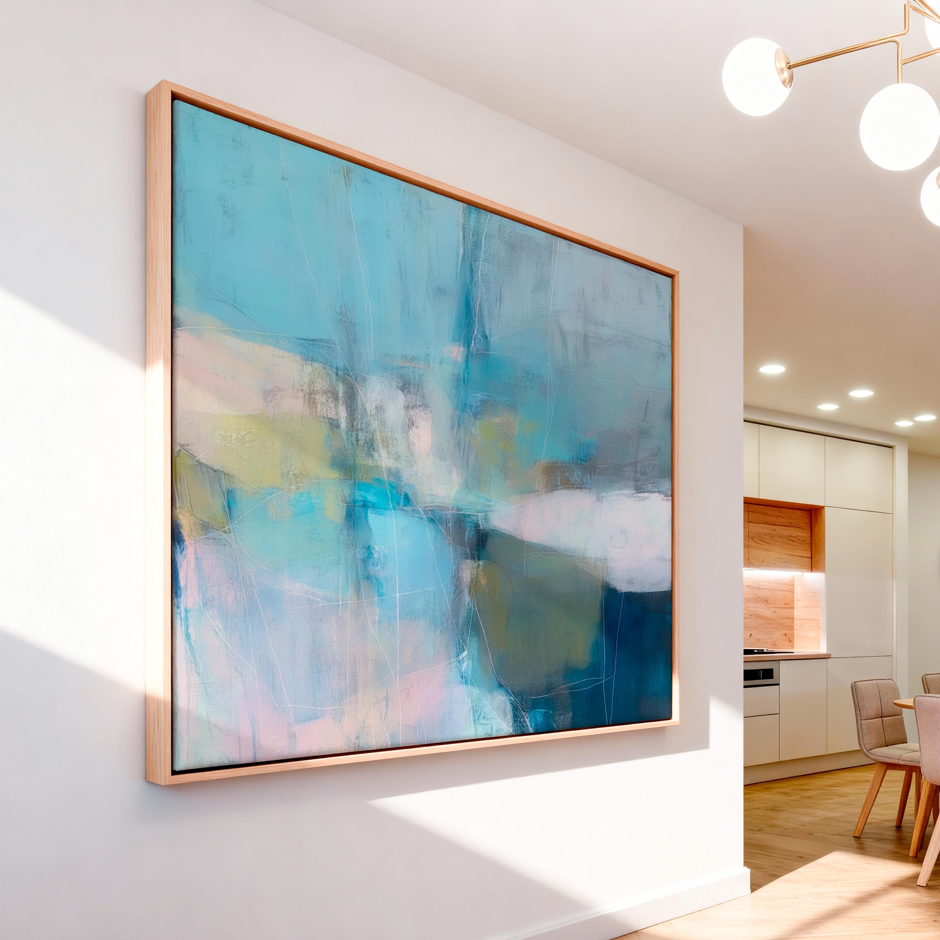 Muse Studio framed horizontal coastal neutral abstract wall art in sea glass blue, blush, muted olive, and gray tones, printed with museum-grade giclée inks on premium gallery-wrapped canvas in a natural wood floating frame for beach house interiors.