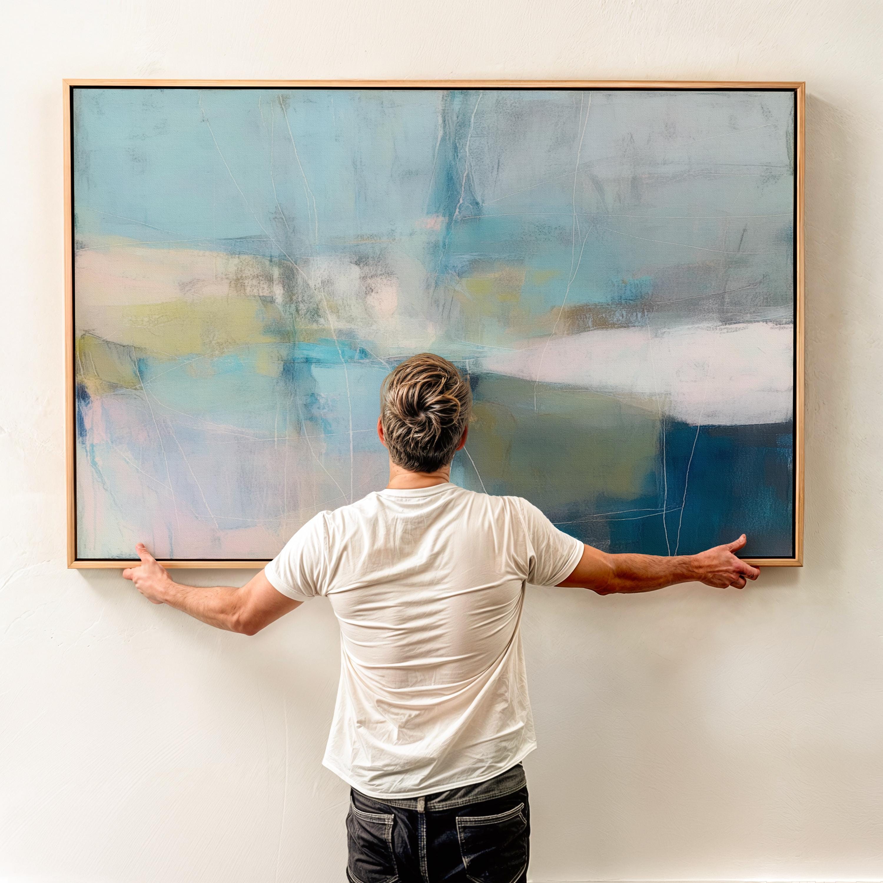 Large Horizontal Framed Canvas Wall Art in Blue, White, Sage Green and Beige · Coastal Neutral Abstract Painting for Living Room or Bedroom · Premium Artist Canvas Printed with Museum-Grade Giclée Inks · Solid Wood Frame Ready to Hang · Oversized Statement Wall Decor · Muse Studio Coastal Drift 1036