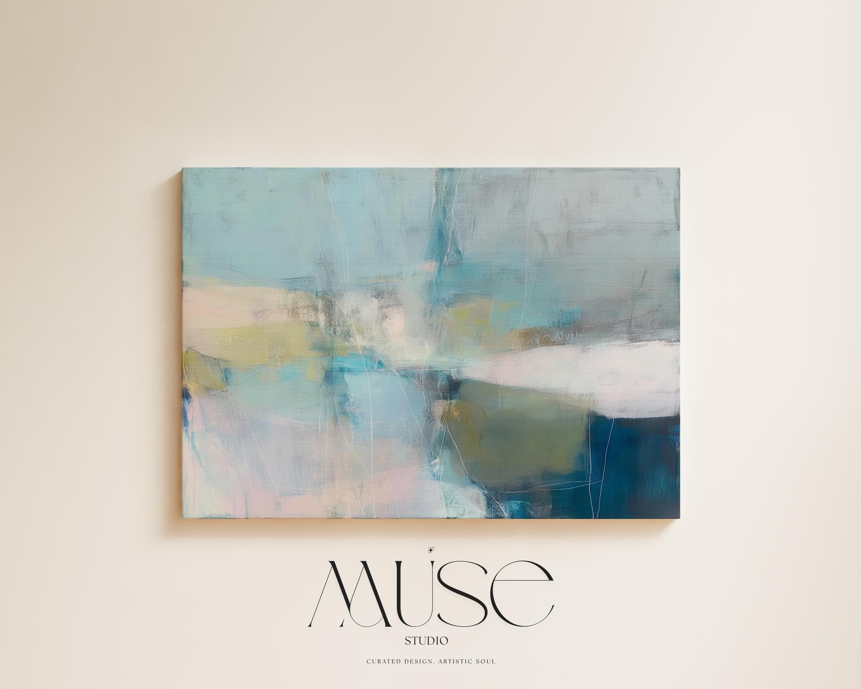 Muse Studio horizontal coastal neutral canvas wall art in sea glass blue, blush, muted olive, and gray tones, printed with museum-grade giclée inks on premium gallery-wrapped artist canvas for beach house and second home interiors.