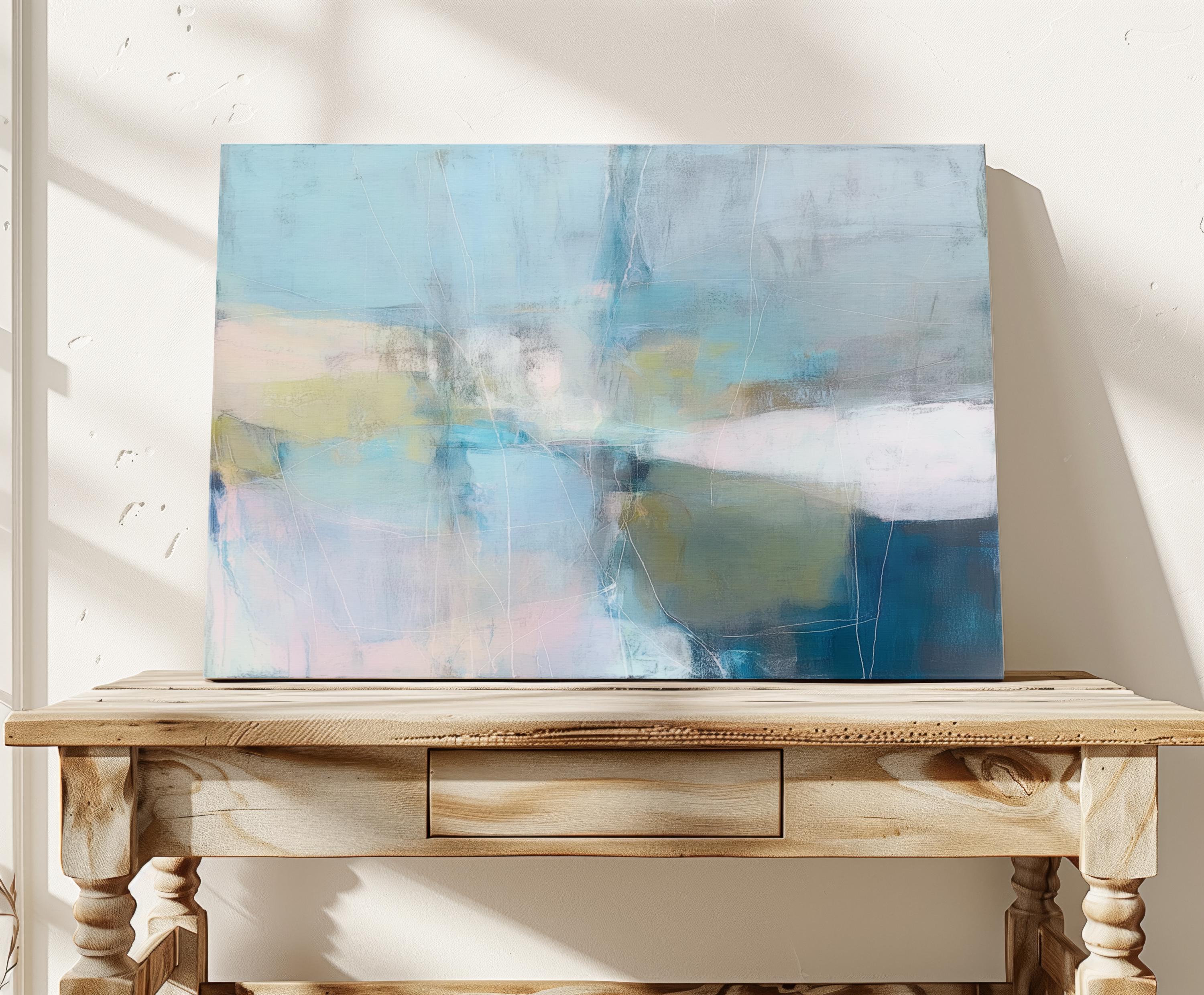 Muse Studio horizontal coastal neutral canvas wall art in sea glass blue, blush, muted olive, and gray tones, printed with museum-grade giclée inks on premium gallery-wrapped artist canvas for beach house and second home interiors.