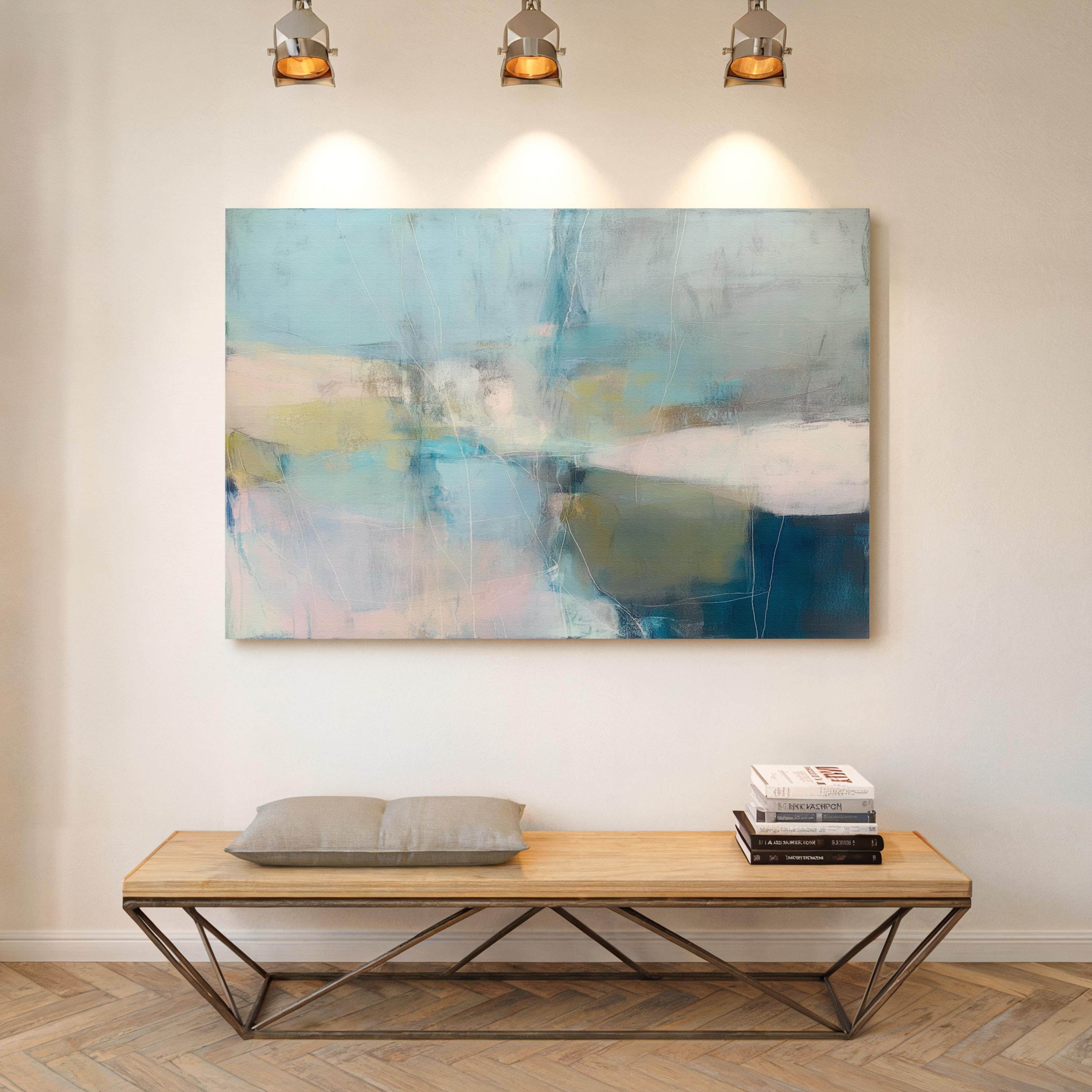 Muse Studio horizontal coastal neutral canvas wall art in sea glass blue, blush, muted olive, and gray tones, printed with museum-grade giclée inks on premium gallery-wrapped artist canvas for beach house and second home interiors.