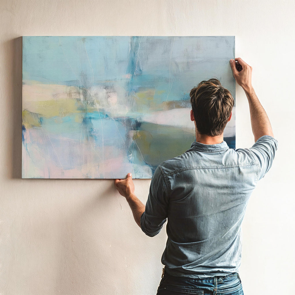 Muse Studio horizontal coastal neutral canvas wall art in sea glass blue, blush, muted olive, and gray tones, printed with museum-grade giclée inks on premium gallery-wrapped artist canvas for beach house and second home interiors.