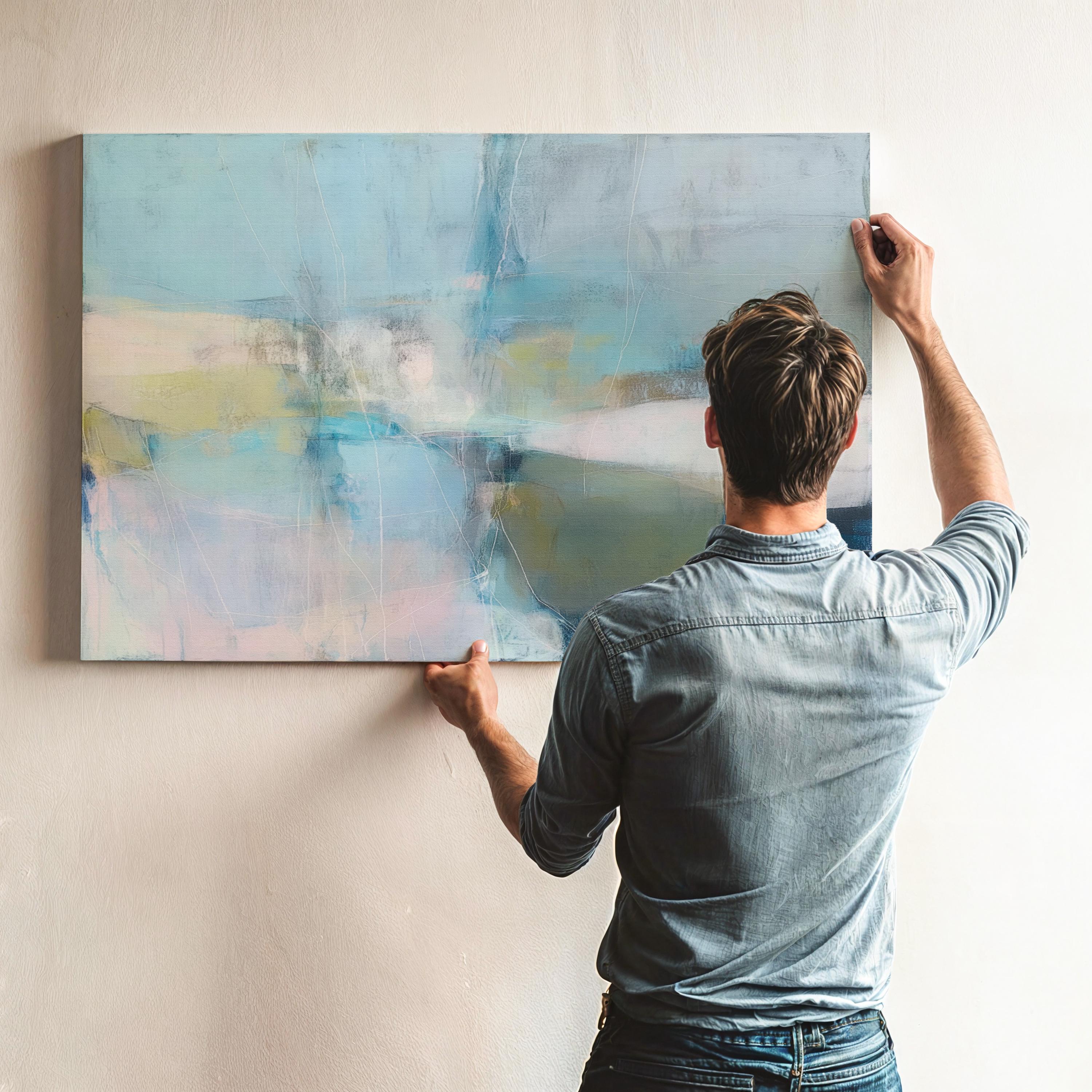 Muse Studio horizontal coastal neutral canvas wall art in sea glass blue, blush, muted olive, and gray tones, printed with museum-grade giclée inks on premium gallery-wrapped artist canvas for beach house and second home interiors.