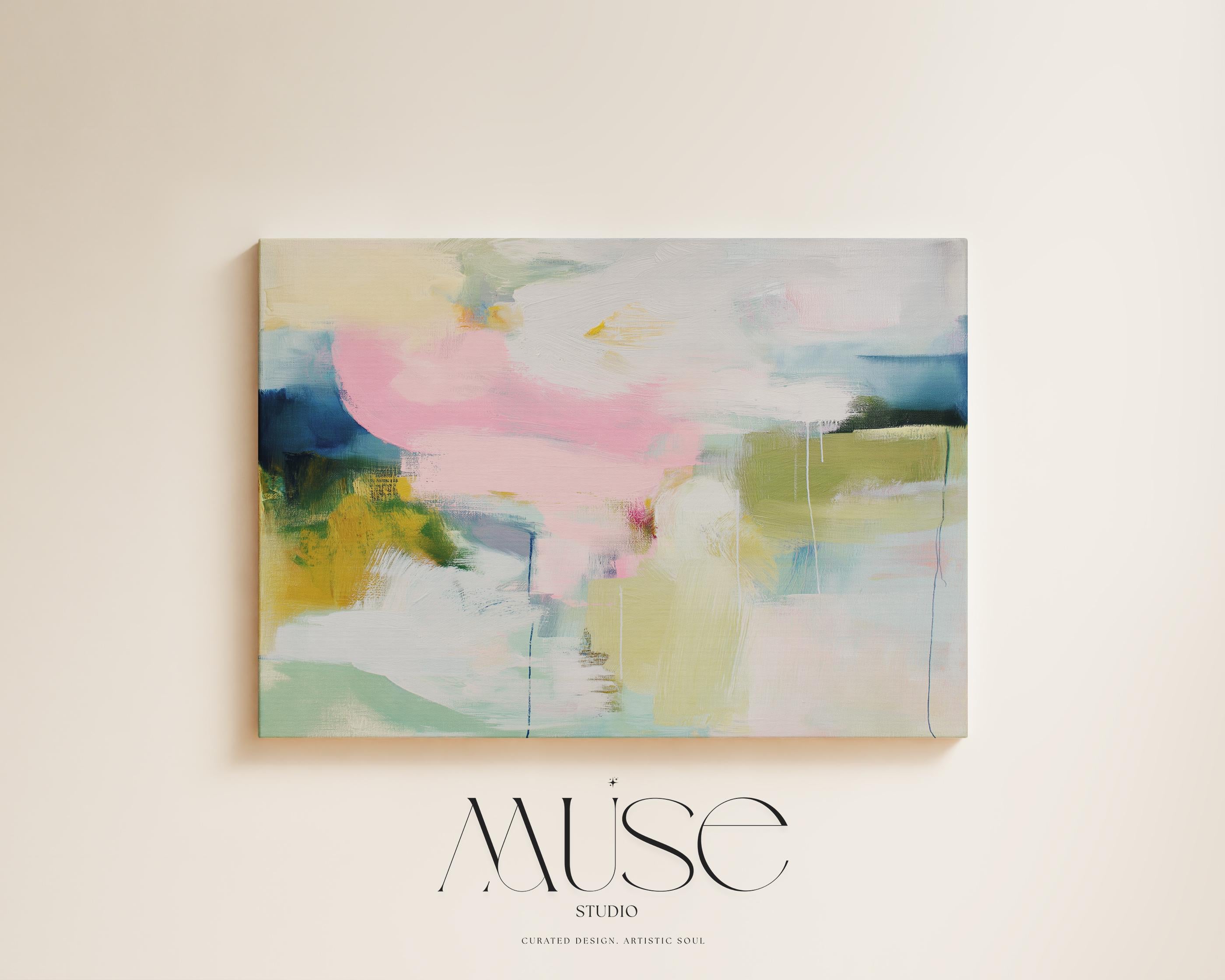 Large Abstract Floral Canvas Wall Art · Pastel Modern Painting in Blush Pink Soft Blue and Sage for Bedroom Living Room or Nursery · Modern Farmhouse Cottage Garden Wall Decor on Premium Artist Canvas Printed with Museum-Grade Giclée Inks · Ready to Hang Oversized Statement Art · Muse Studio Blush Horizon 1044