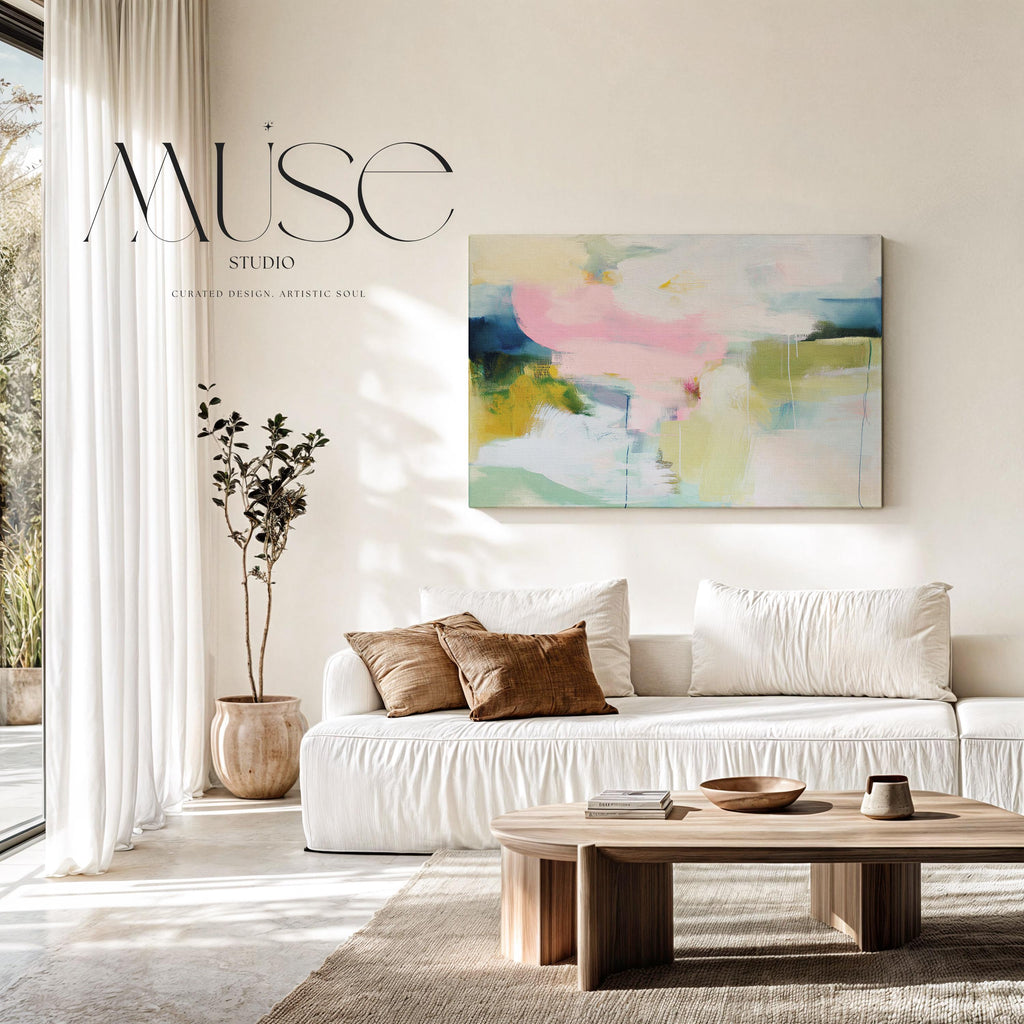 Muse Studio large gallery-wrapped canvas wall art featuring a modern pastel abstract composition in blush pink, olive, mint, mustard, and blue tones printed with museum-grade giclée inks for bedroom decor.