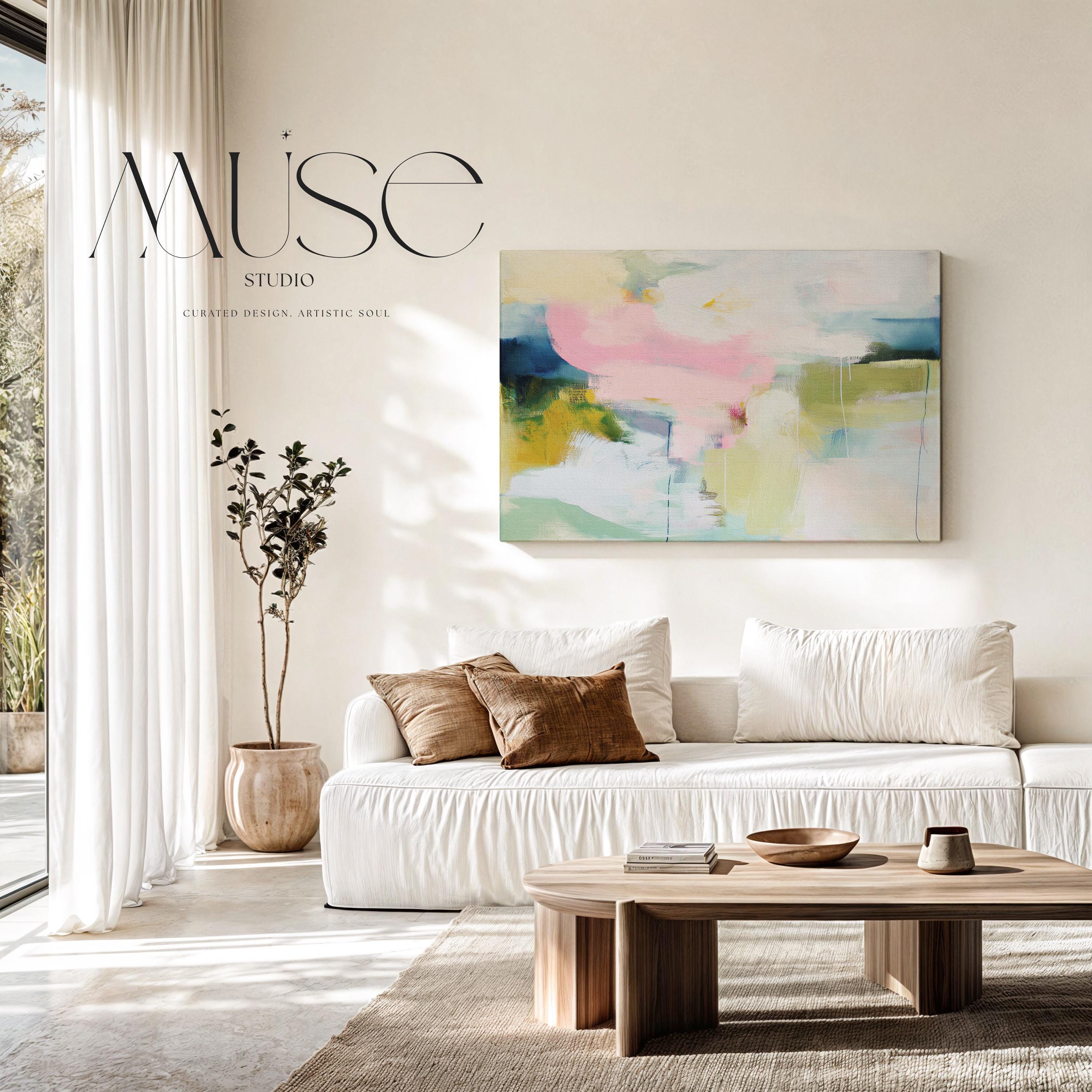 Muse Studio large gallery-wrapped canvas wall art featuring a modern pastel abstract composition in blush pink, olive, mint, mustard, and blue tones printed with museum-grade giclée inks for bedroom decor.