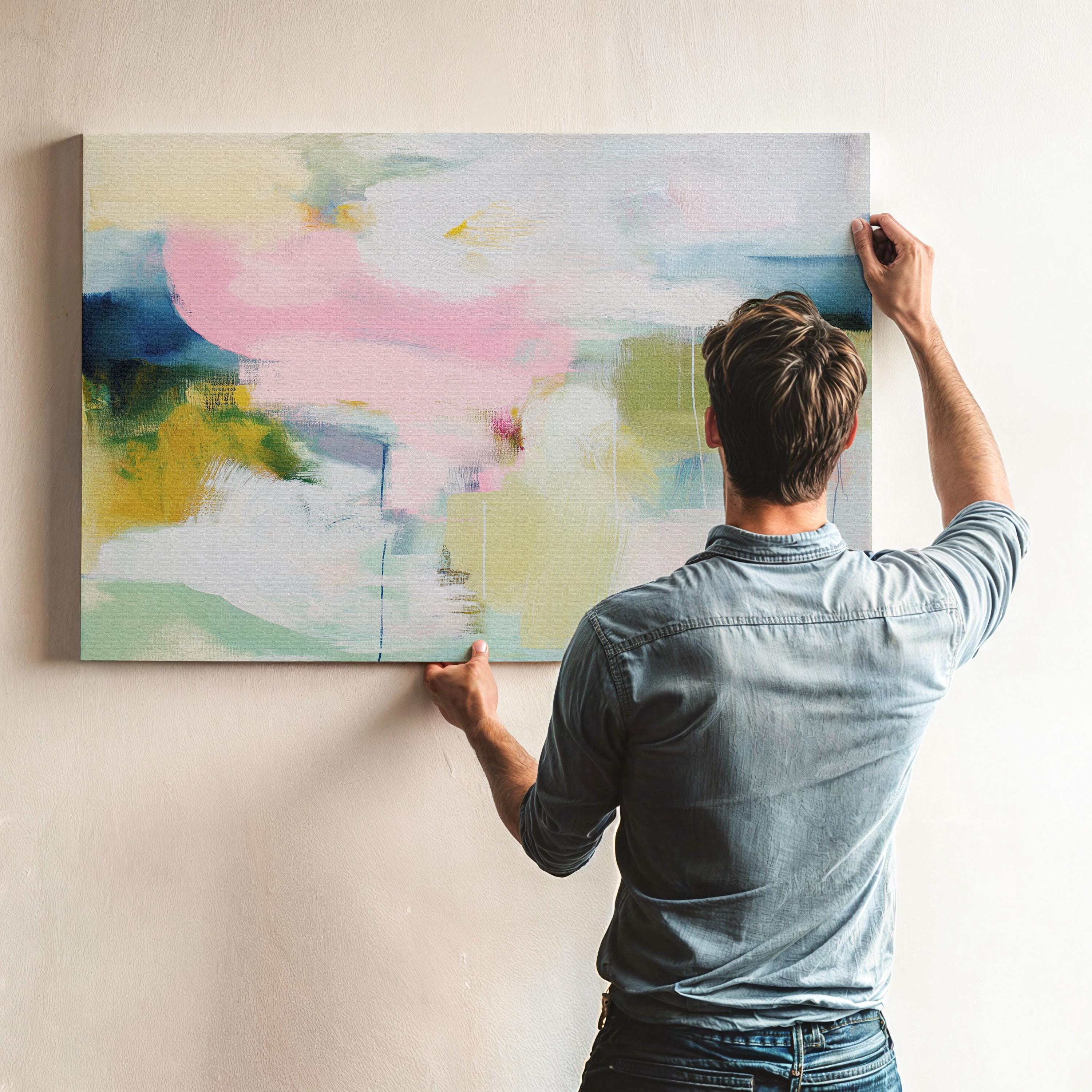 Muse Studio large gallery-wrapped canvas wall art featuring a modern pastel abstract composition in blush pink, olive, mint, mustard, and blue tones printed with museum-grade giclée inks for bedroom decor.